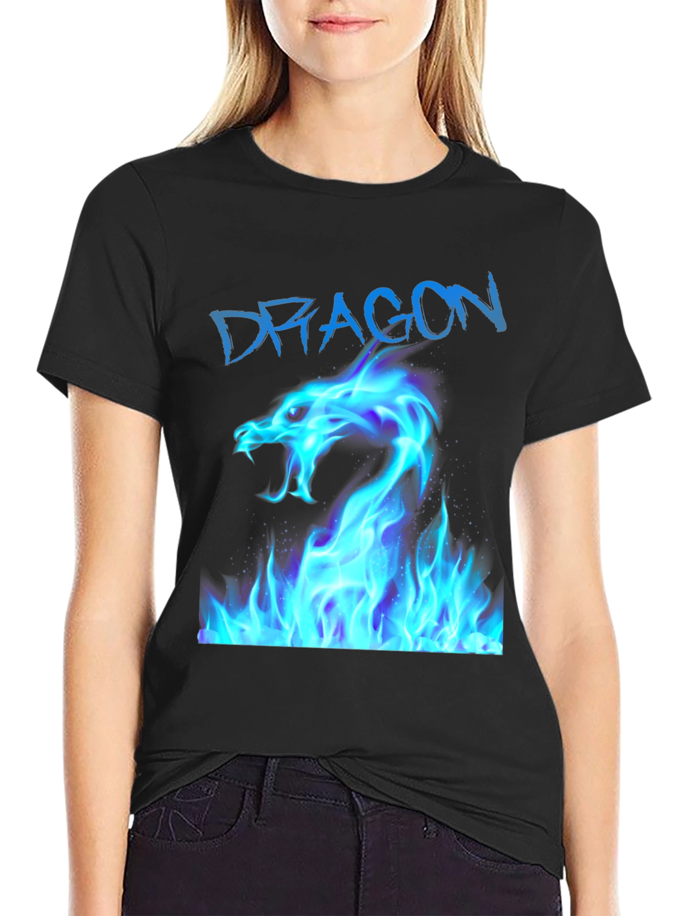 Black T-Shirt with Blue Dragon Fire Design