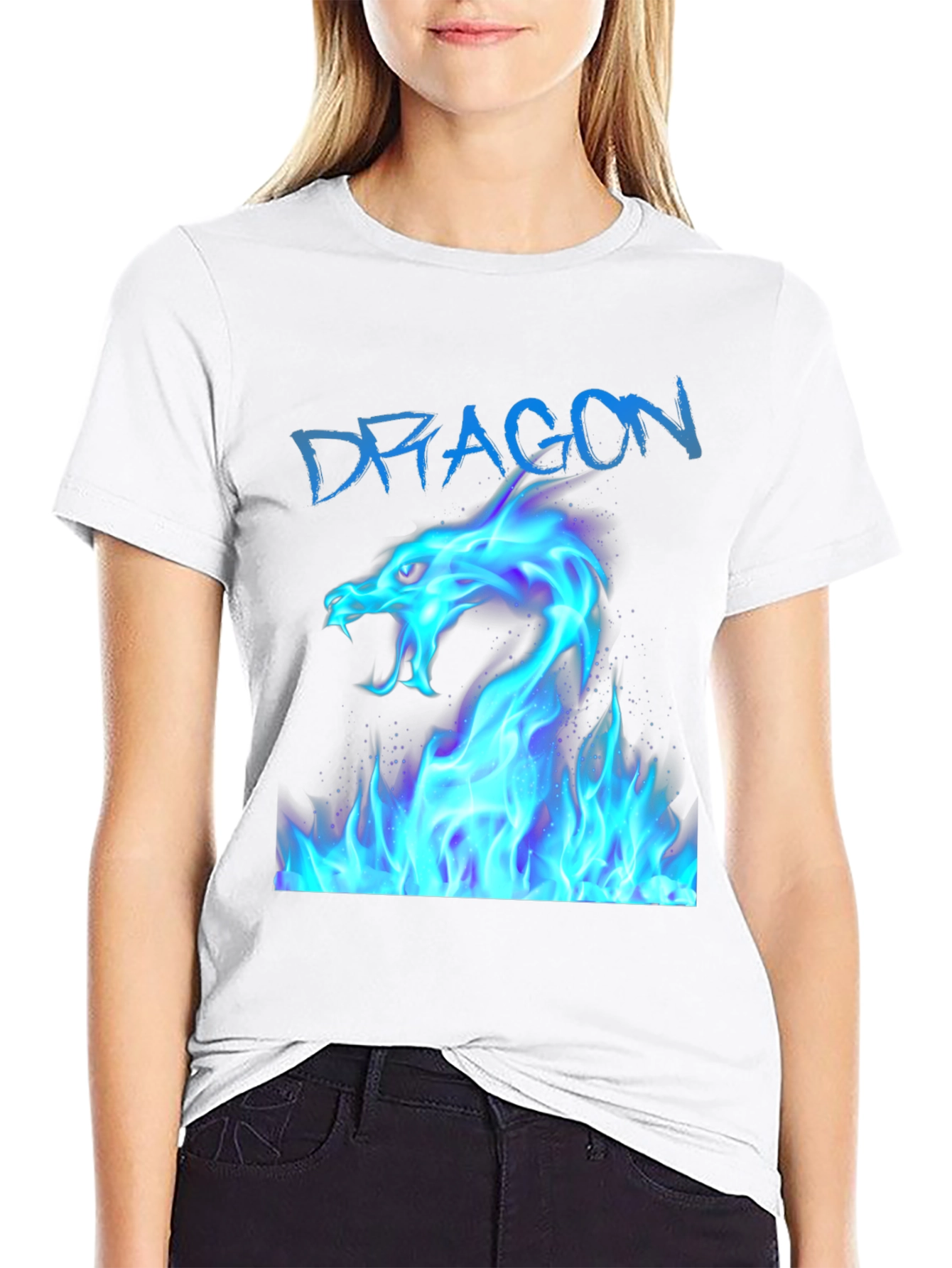 Black T-Shirt with Blue Dragon Fire Design