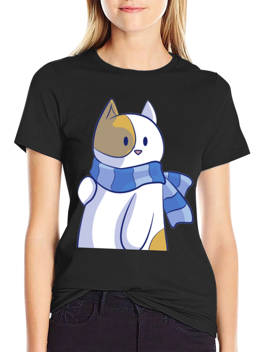 Cute Cat Scarf Graphic Tee - Stylish Comfort