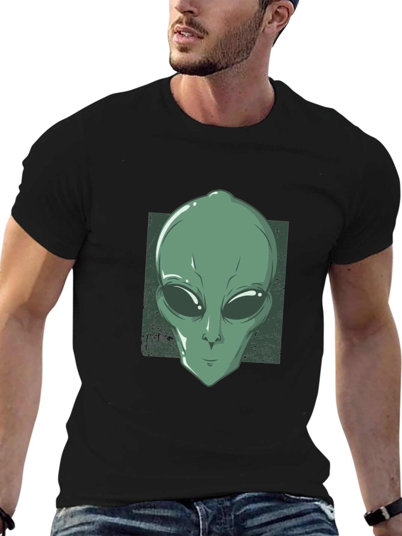 Alien Head Graphic Tee - Black Cotton T-Shirt