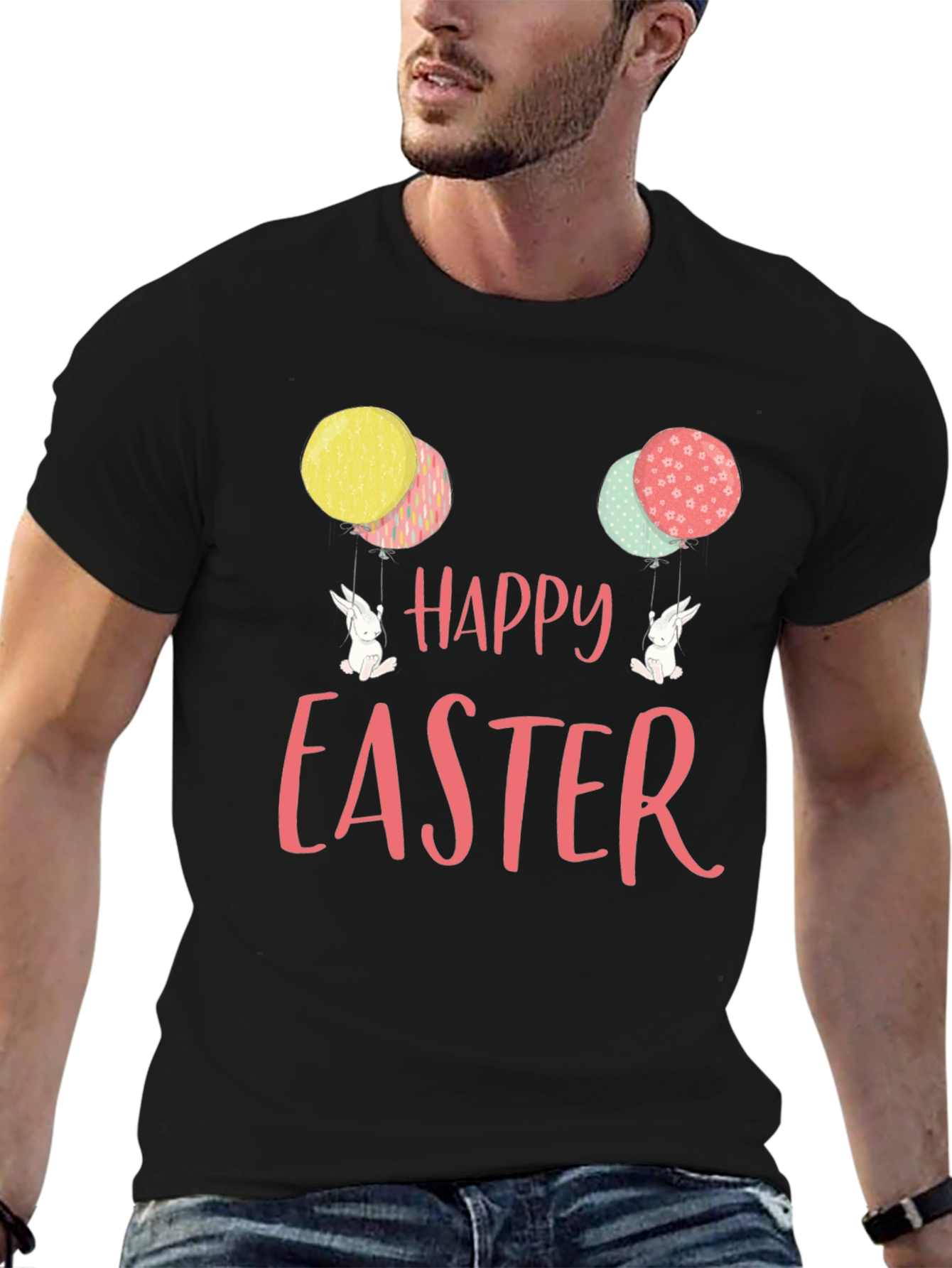Happy Easter Bunny Balloon Black T-Shirt