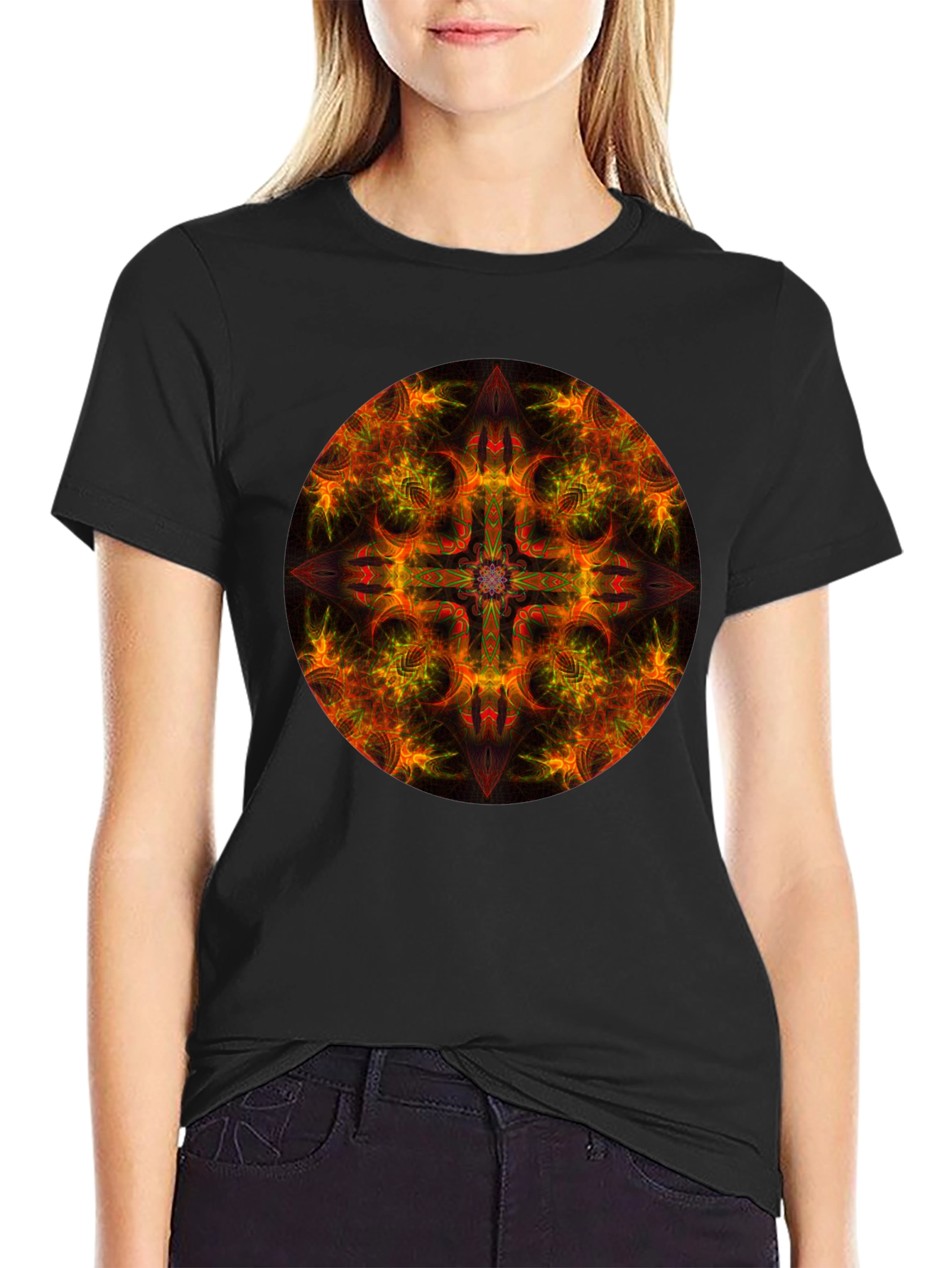 Fiery Mandala Graphic Black T-Shirt