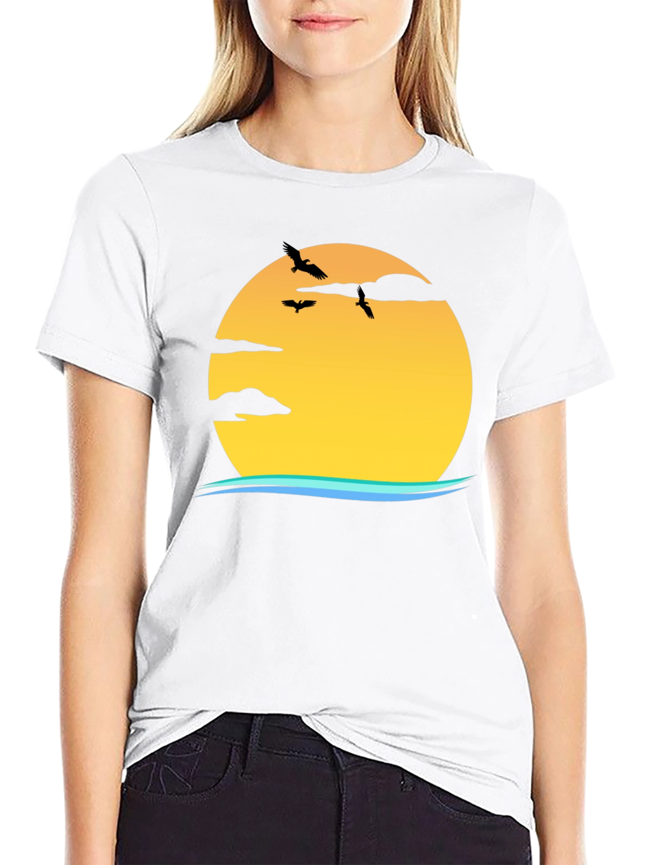 Sunset Birds Graphic Black T-Shirt