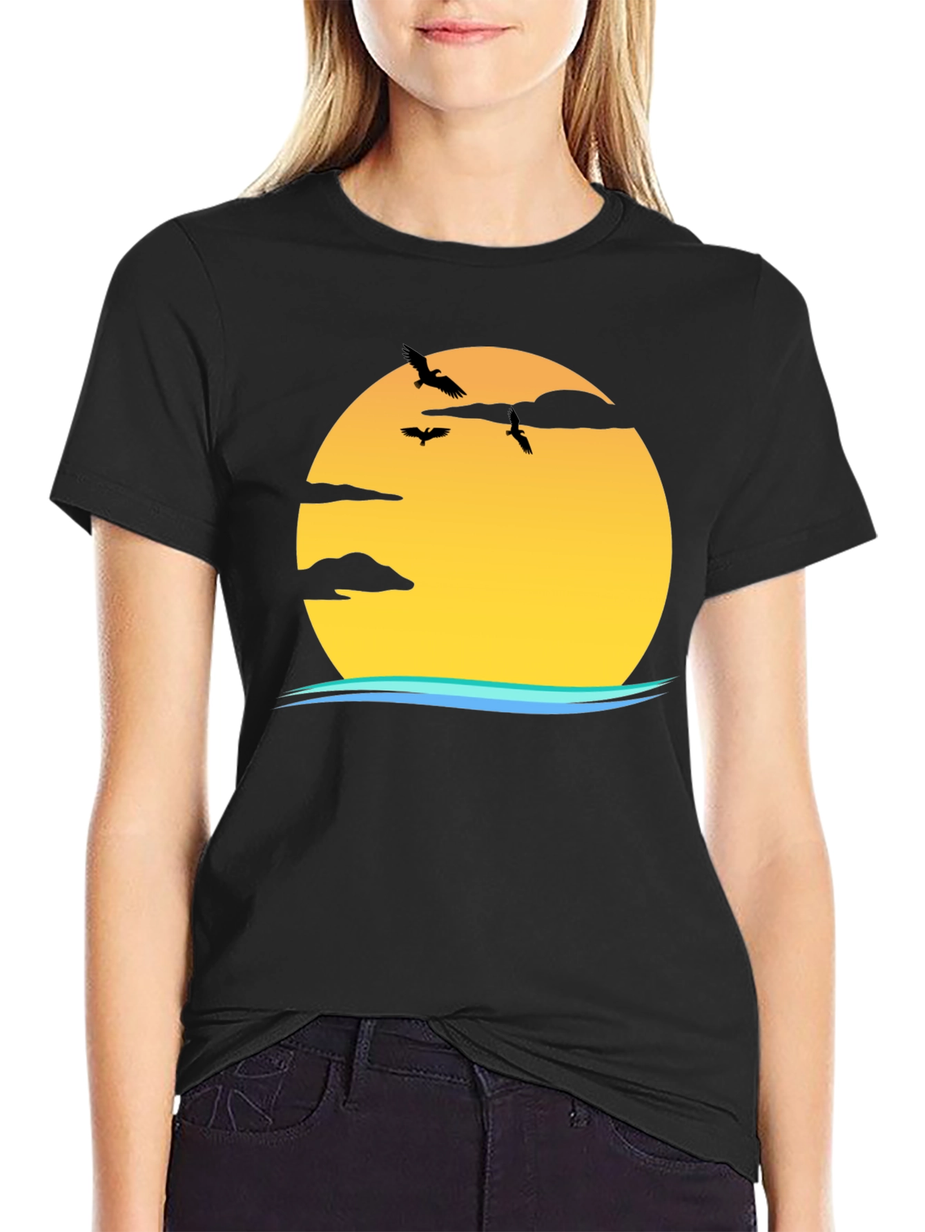 Sunset Birds Graphic Black T-Shirt