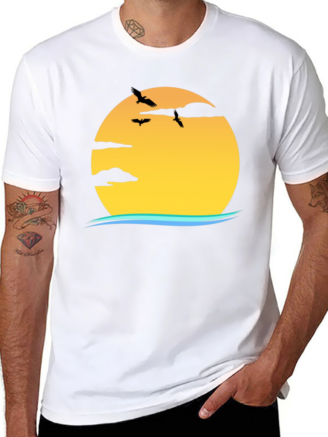 Sunset Birds Graphic Black T-Shirt