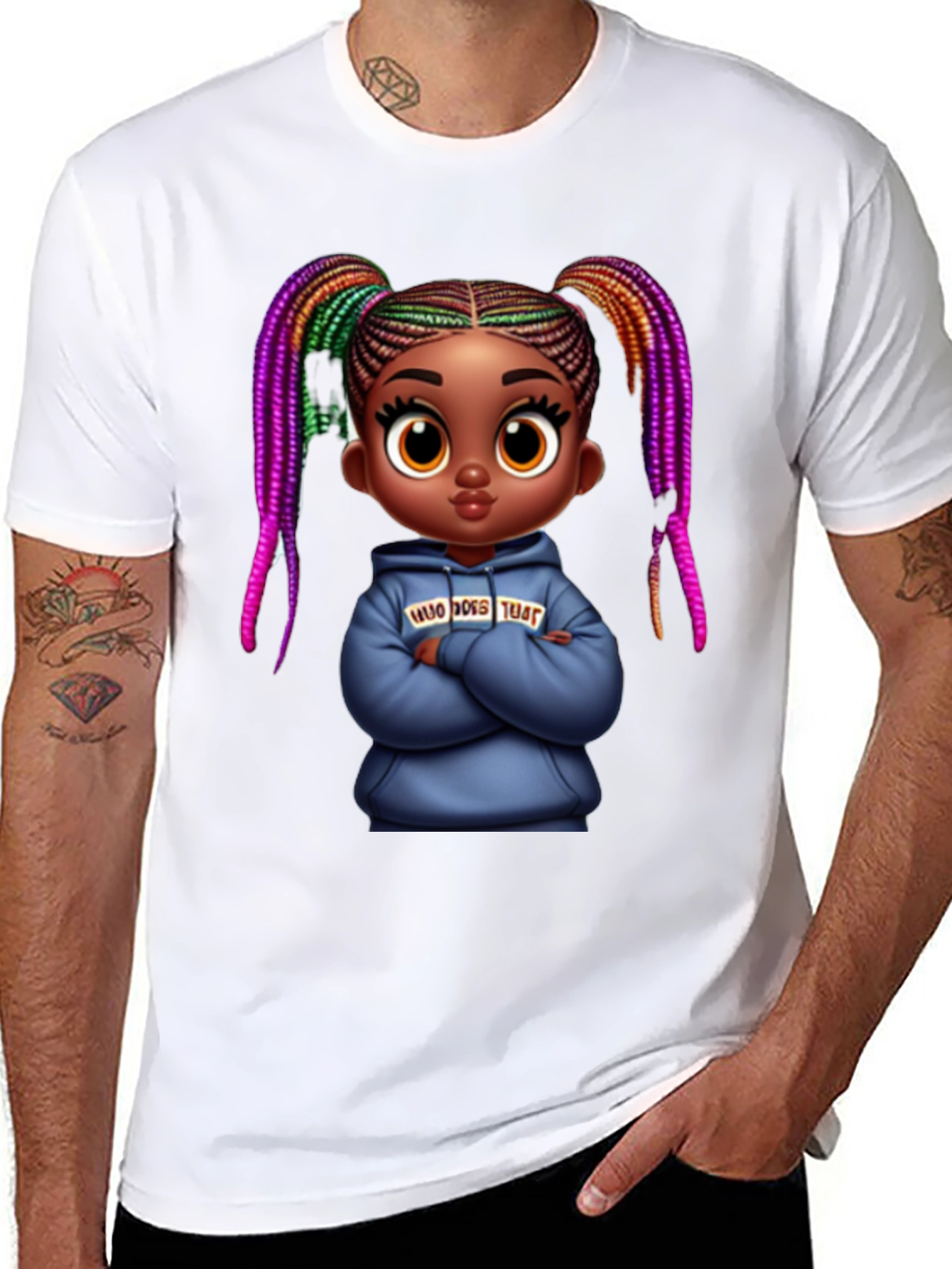 Stylish Black Graphic Tee with Cartoon Girl Print