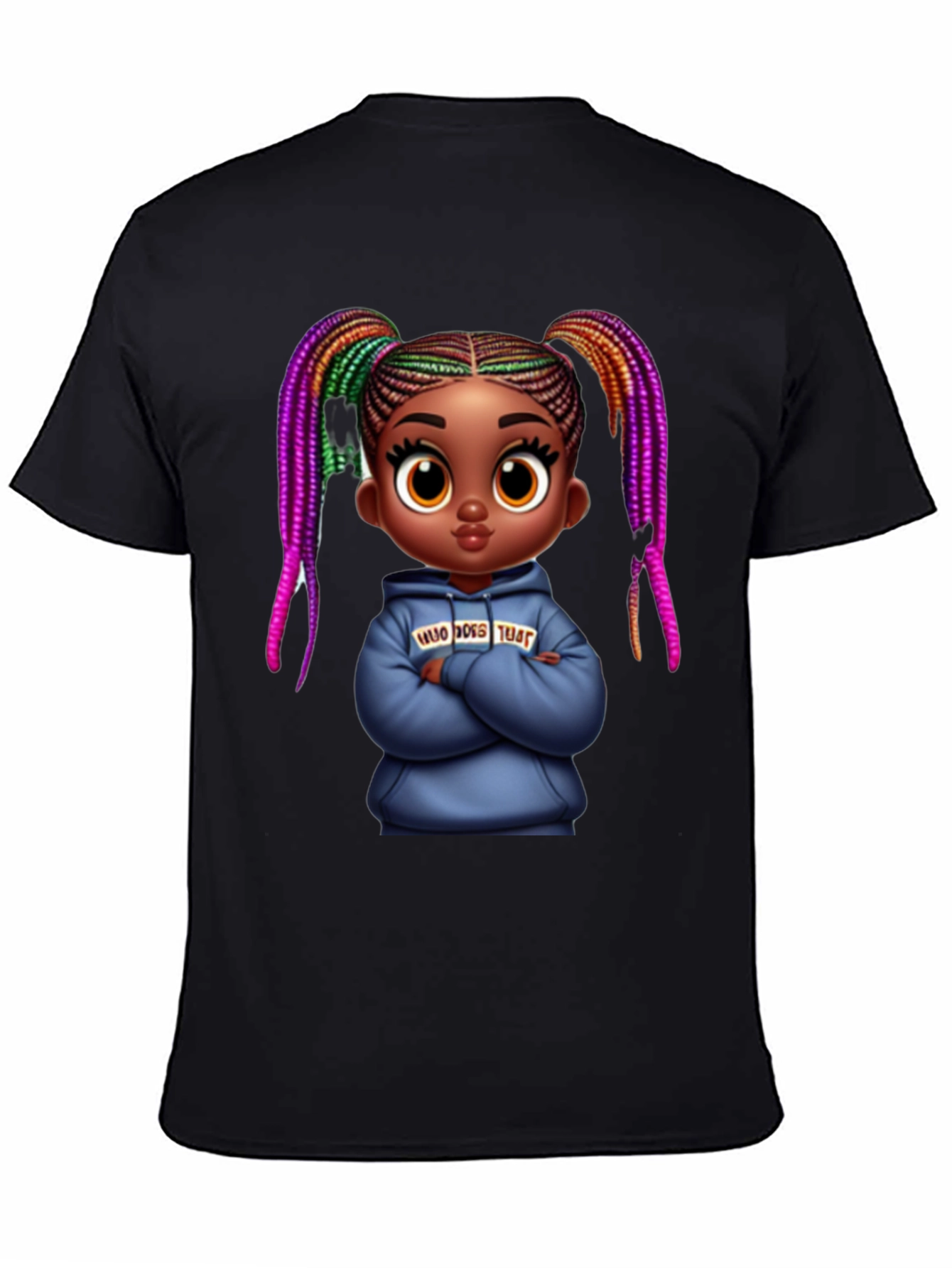 Stylish Black Graphic Tee with Cartoon Girl Print