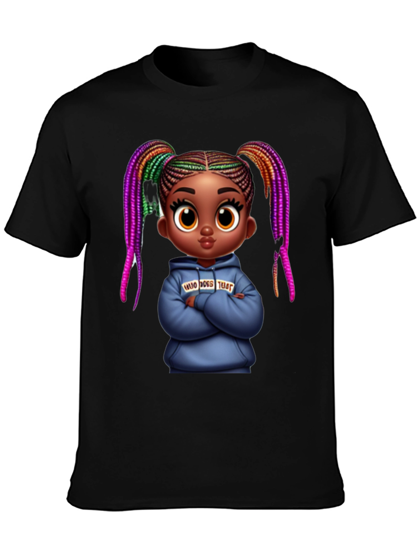 Stylish Black Graphic Tee with Cartoon Girl Print