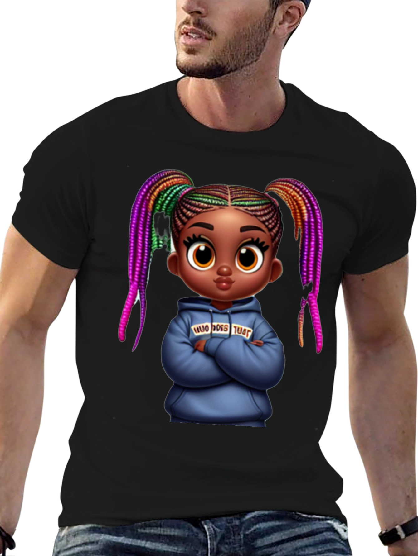 Stylish Black Graphic Tee with Cartoon Girl Print