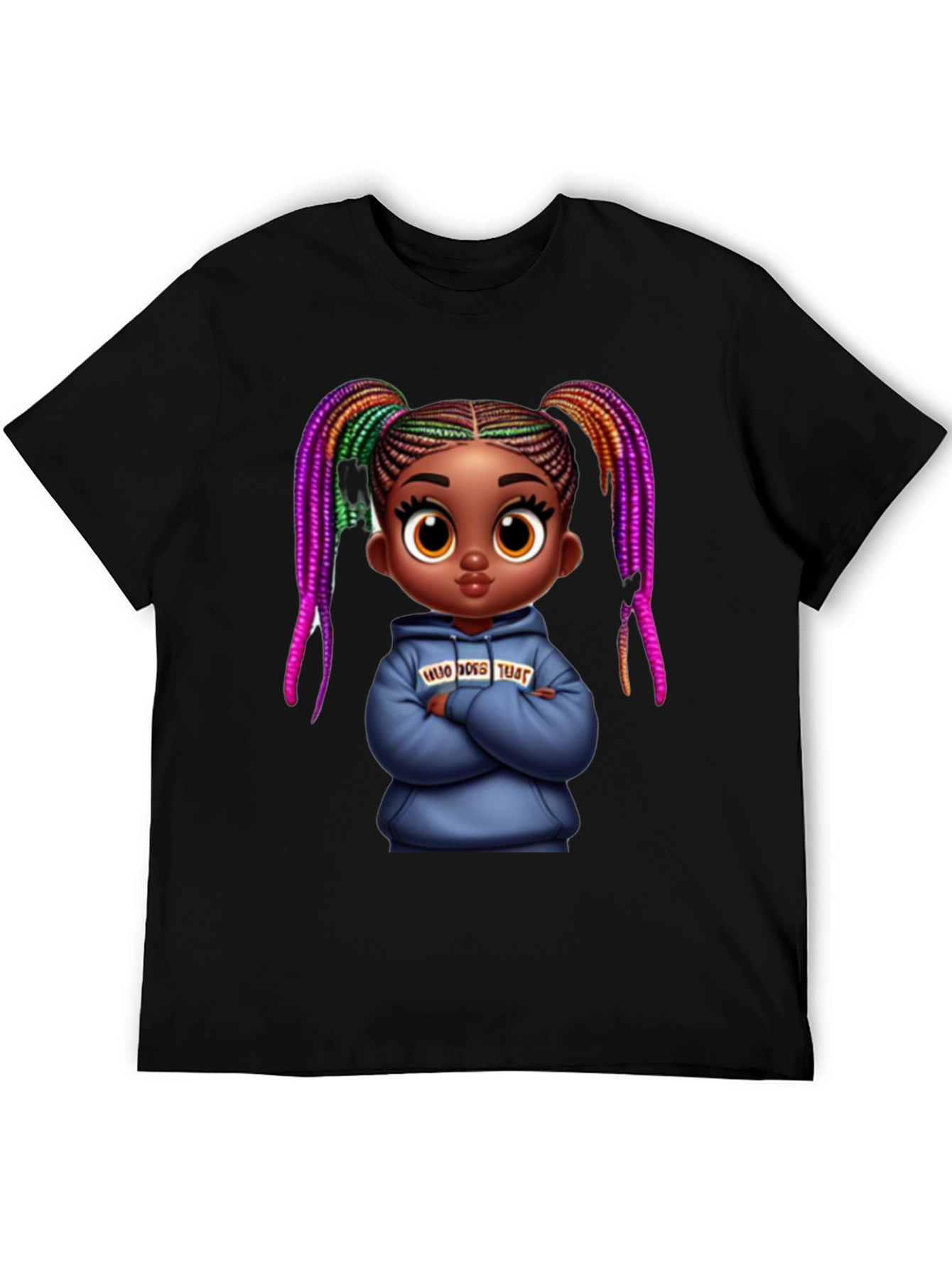 Stylish Black Graphic Tee with Cartoon Girl Print