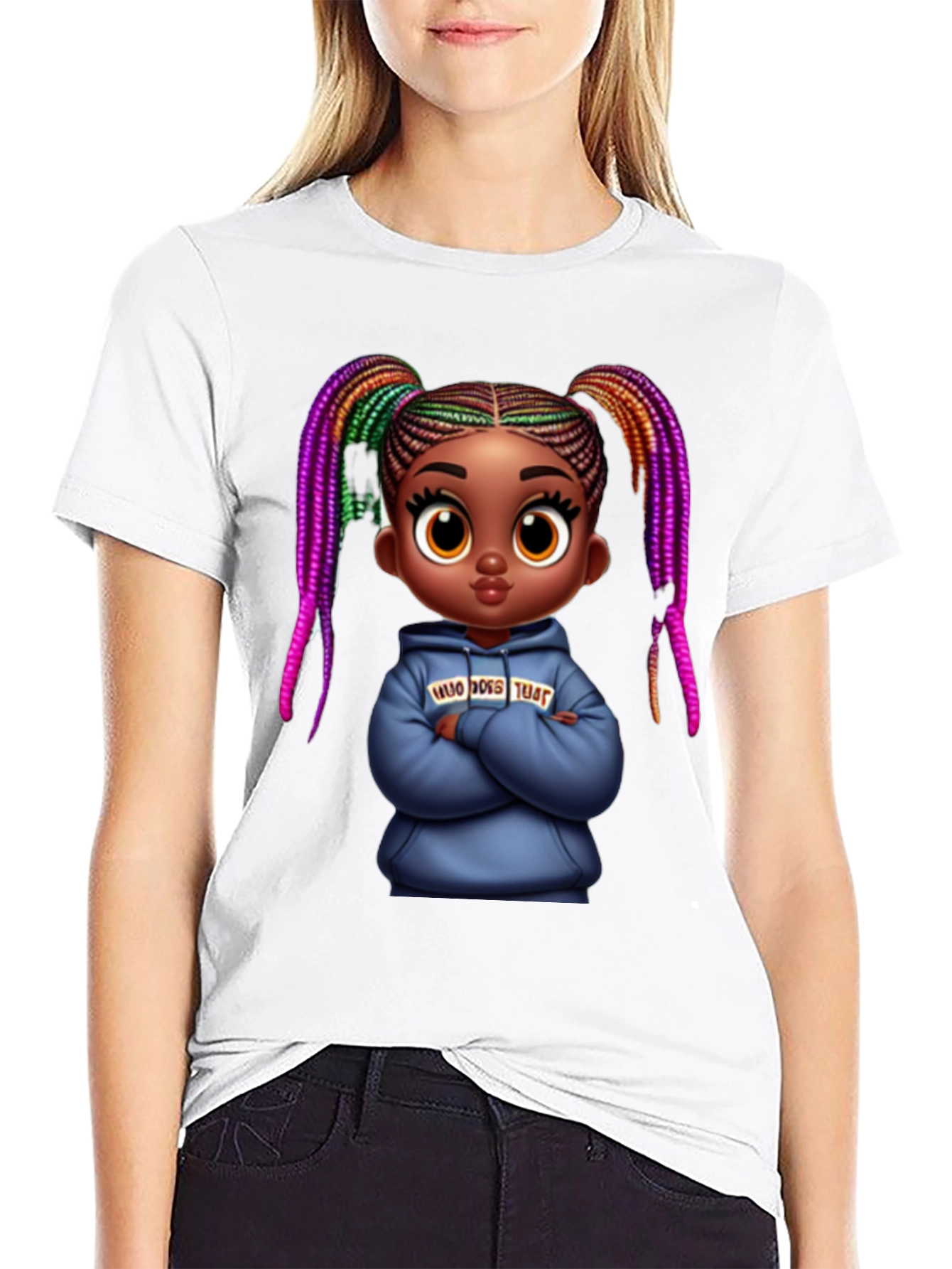 Stylish Black Graphic Tee with Cartoon Girl Print