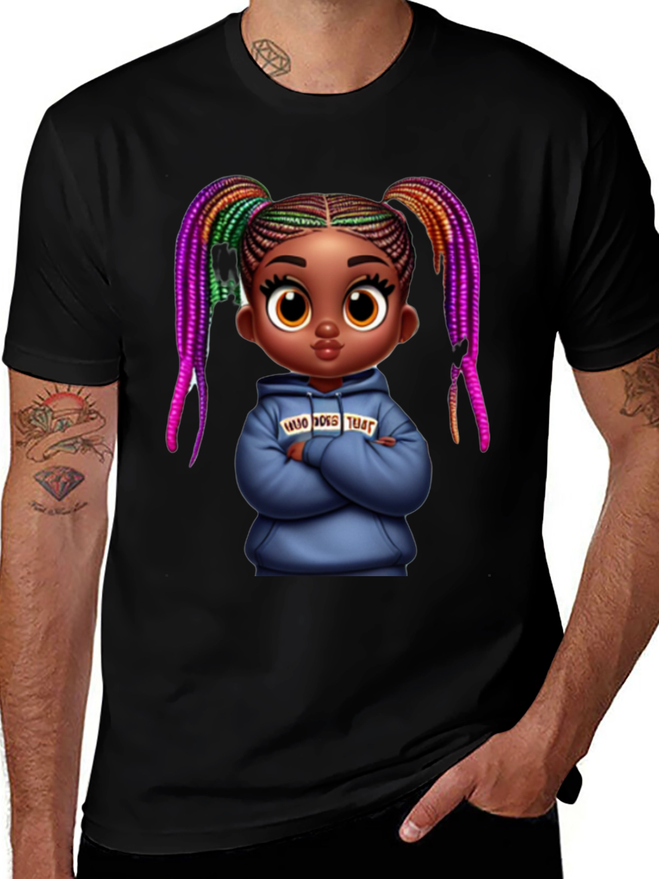 Stylish Black Graphic Tee with Cartoon Girl Print