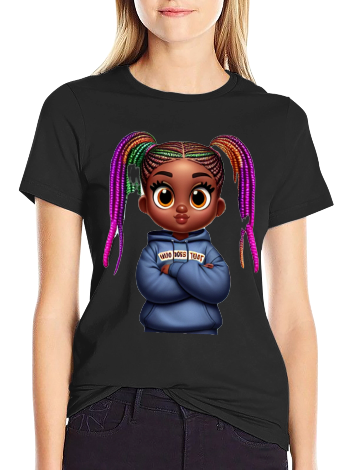 Stylish Black Graphic Tee with Cartoon Girl Print