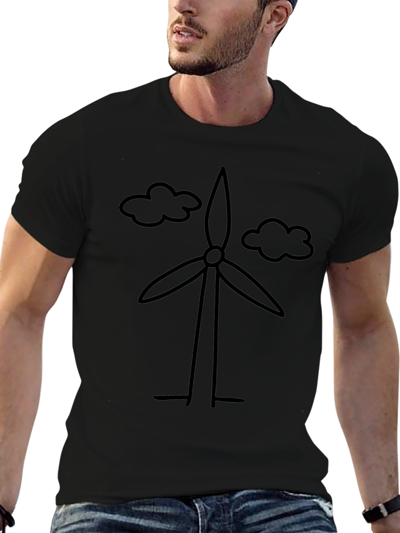 Eco-Friendly Wind Turbine Graphic T-Shirt - Black