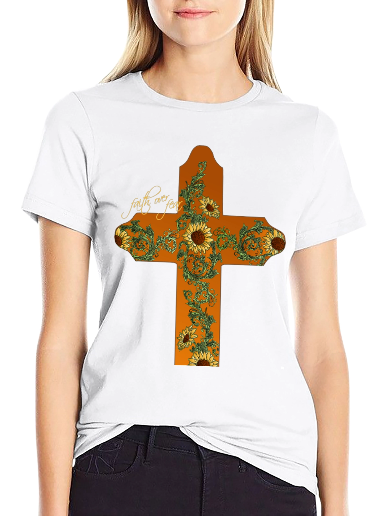 Faith Over Fear Sunflower Cross Graphic T-Shirt