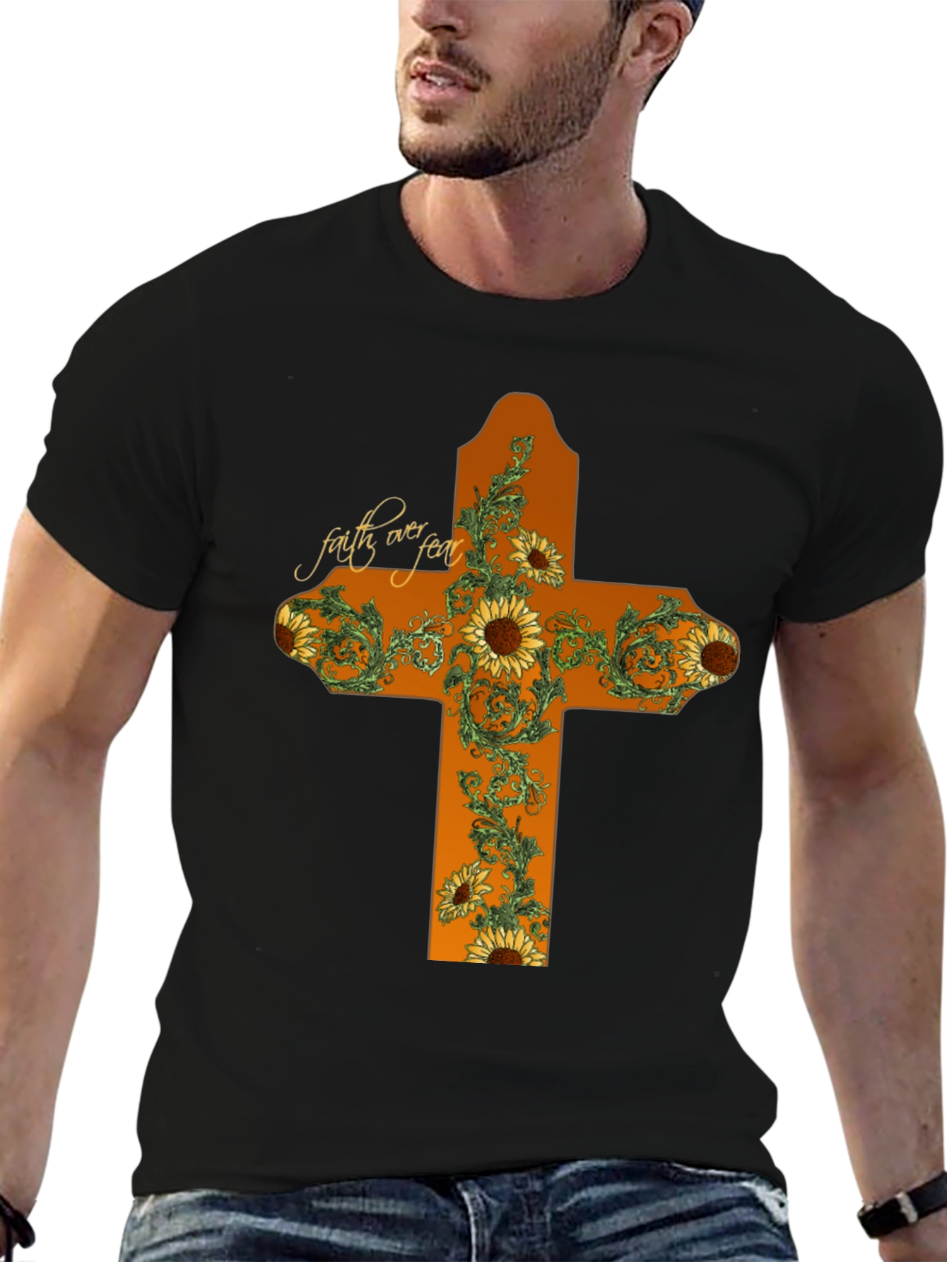 Faith Over Fear Sunflower Cross Graphic T-Shirt