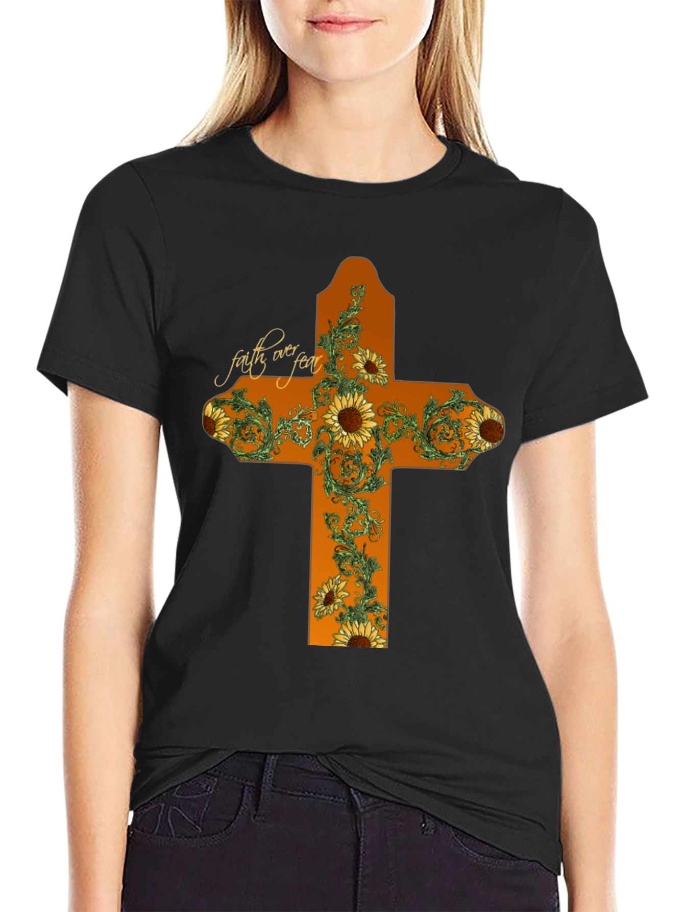 Faith Over Fear Sunflower Cross Graphic T-Shirt