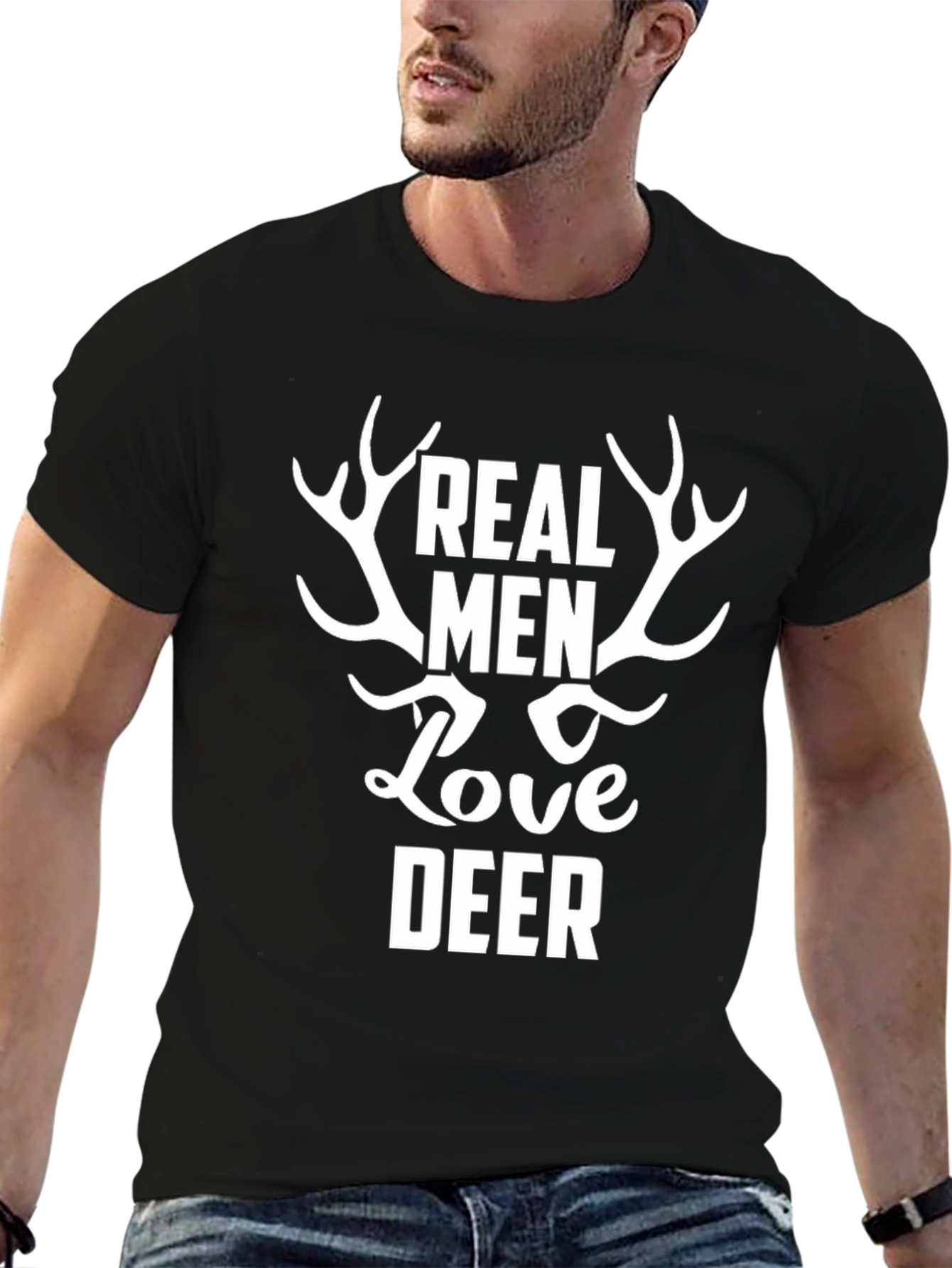 Real Men Love Deer Black Graphic T-Shirt