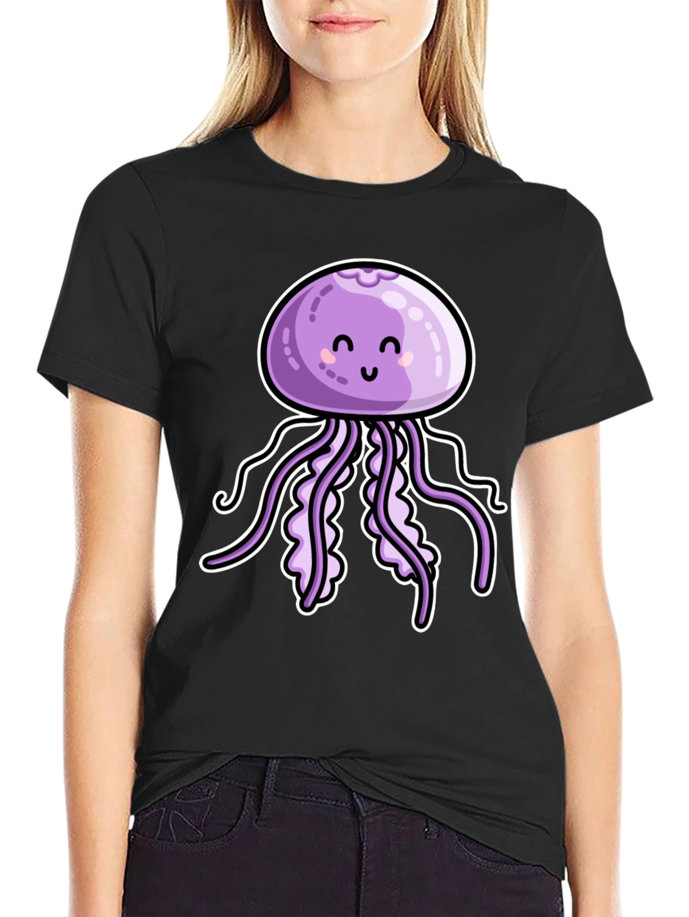 Cute Jellyfish Graphic Tee - Black Cotton T-Shirt