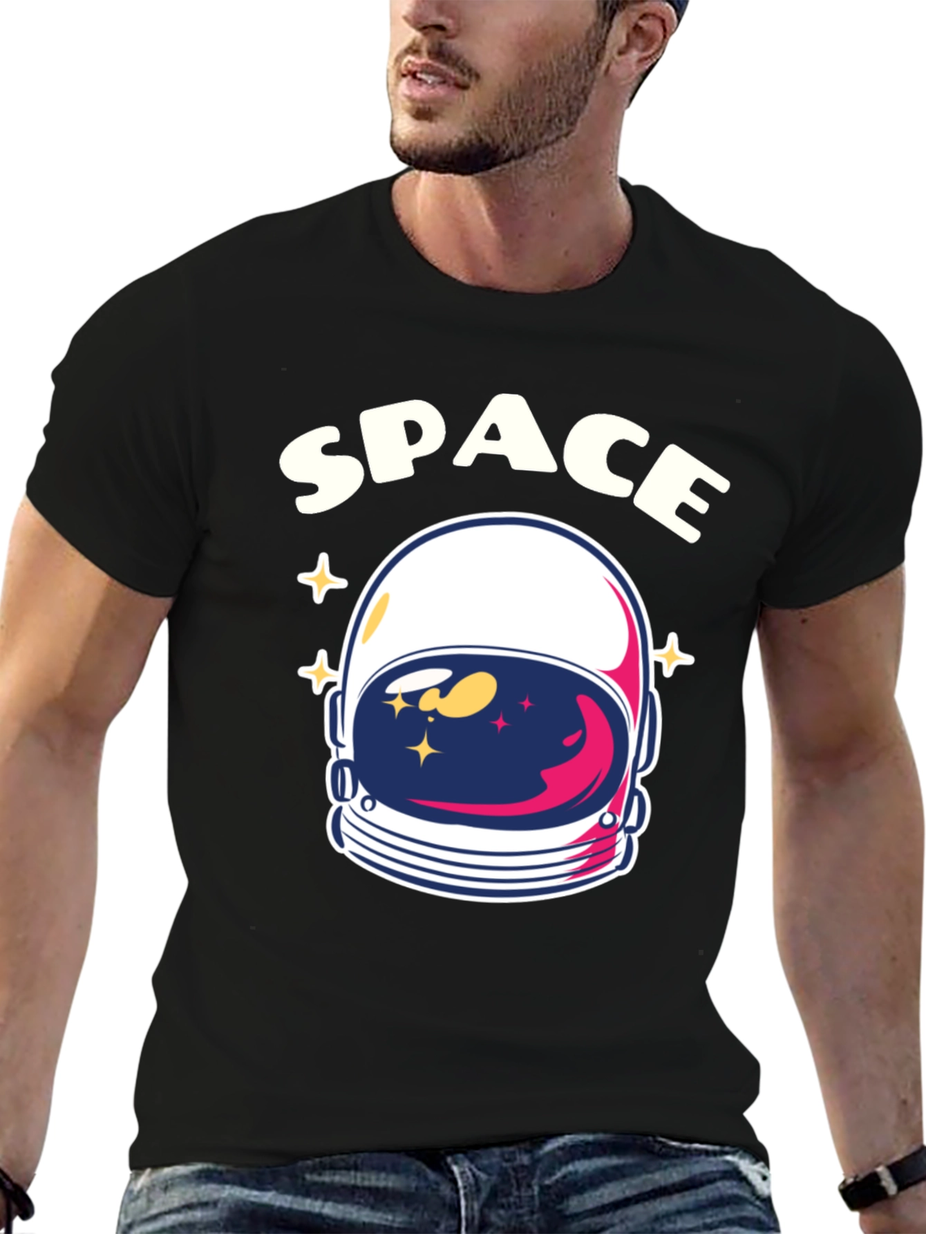 Space Astronaut Helmet Graphic T-Shirt - Black Cotton Tee
