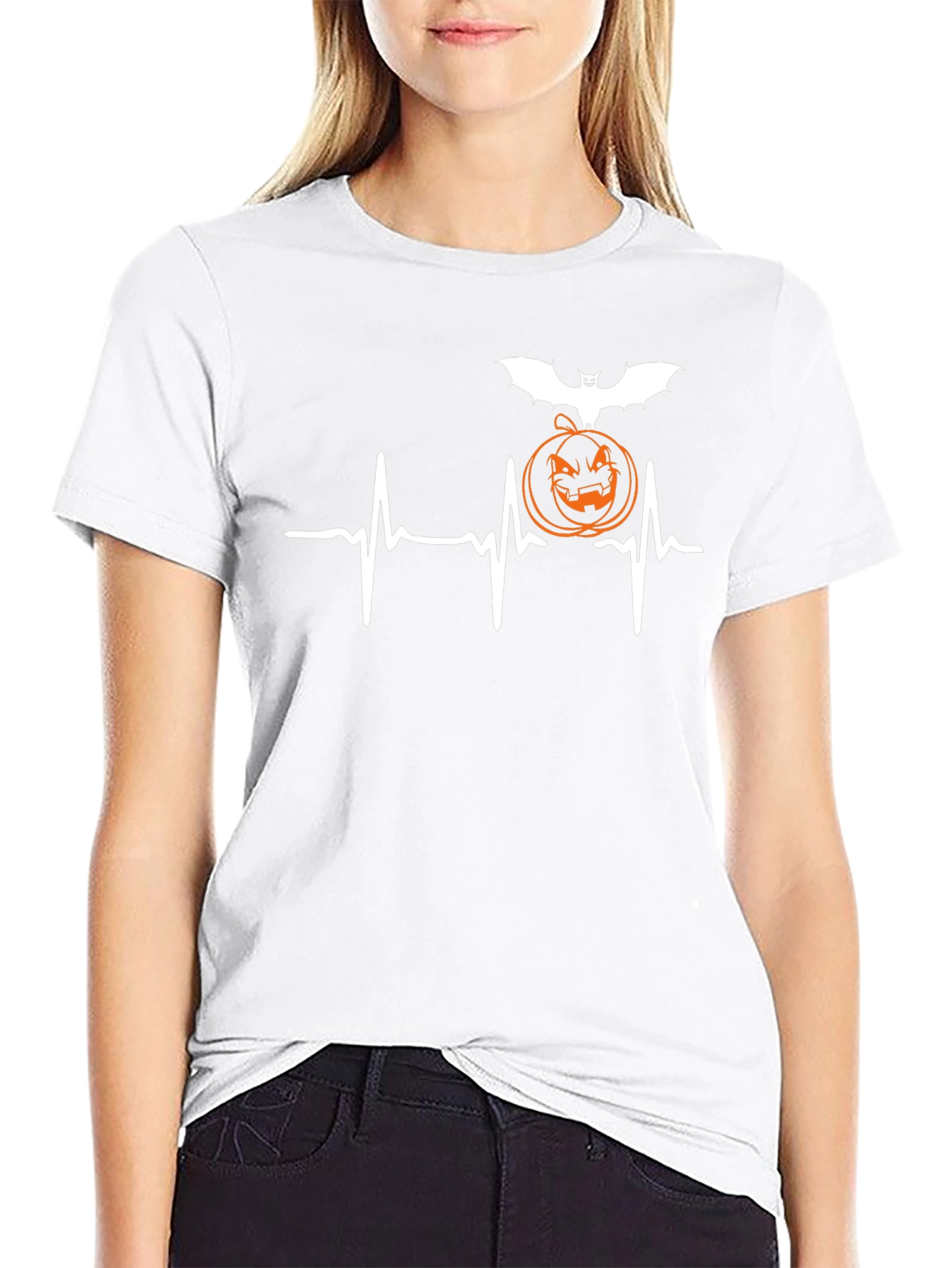 Halloween Heartbeat T-Shirt - Bat & Pumpkin Design