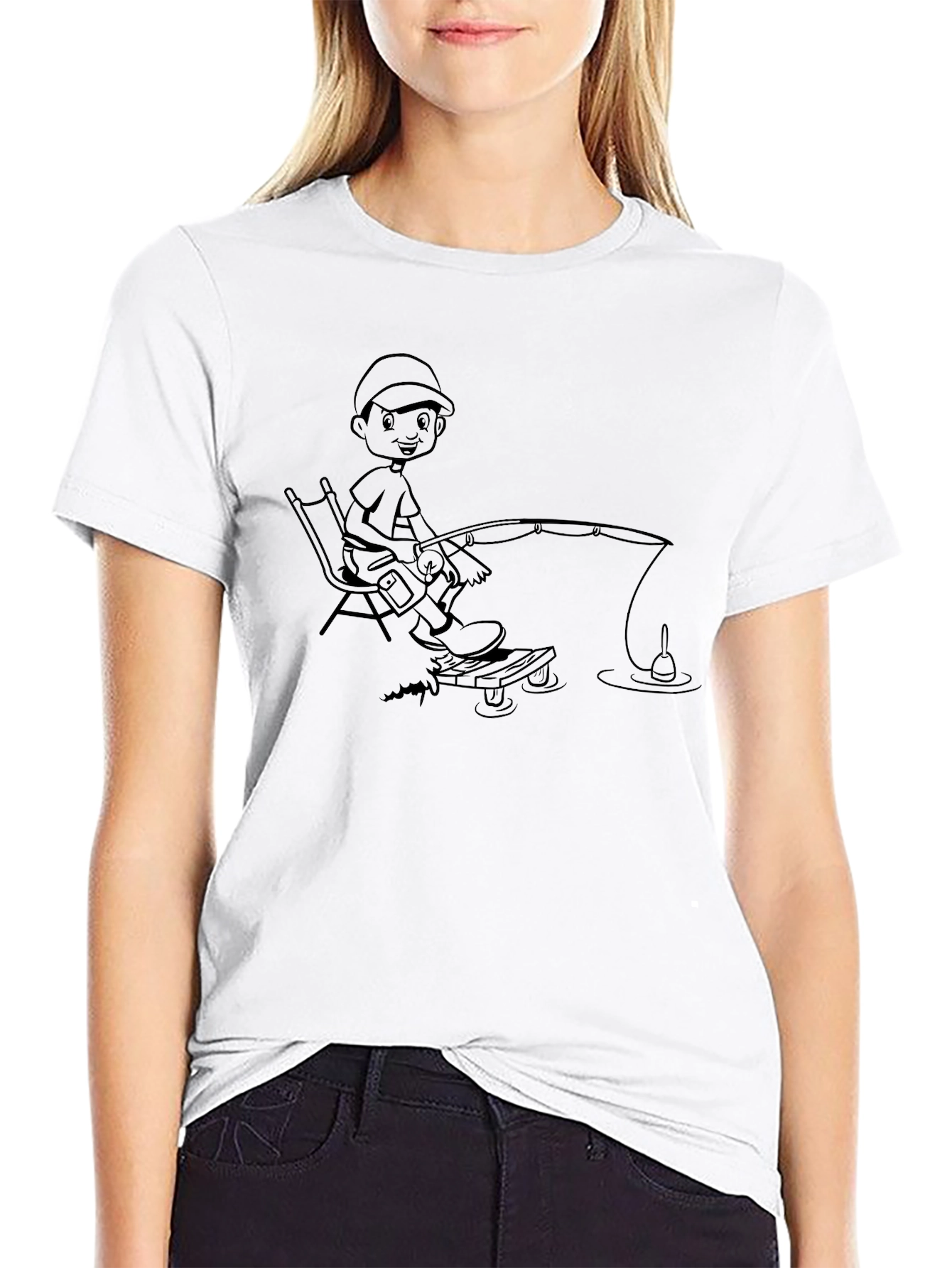 Fishing Boy Graphic Tee - Black Cotton Casual T-Shirt
