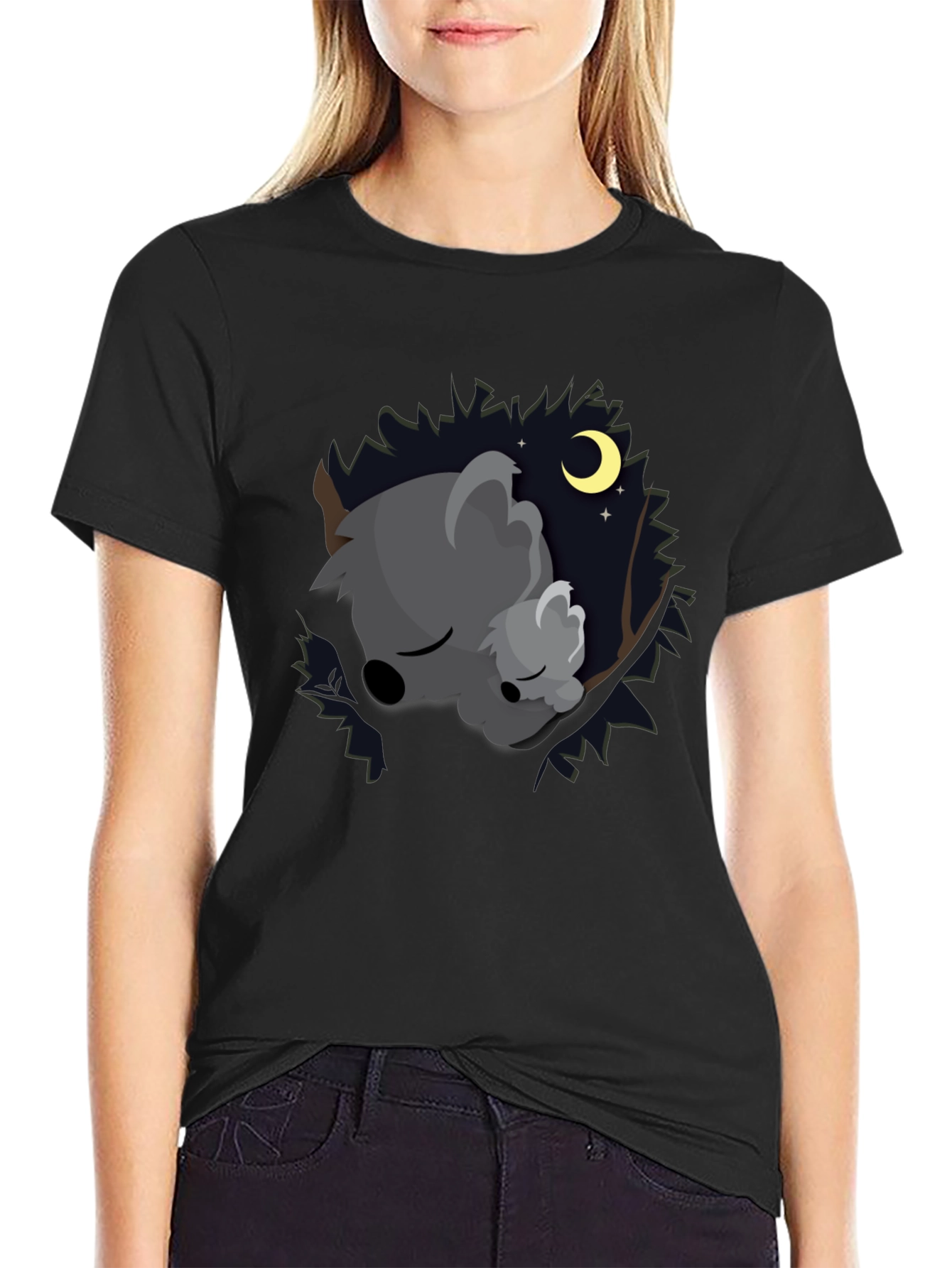 Cute Koala Moon Black T-Shirt
