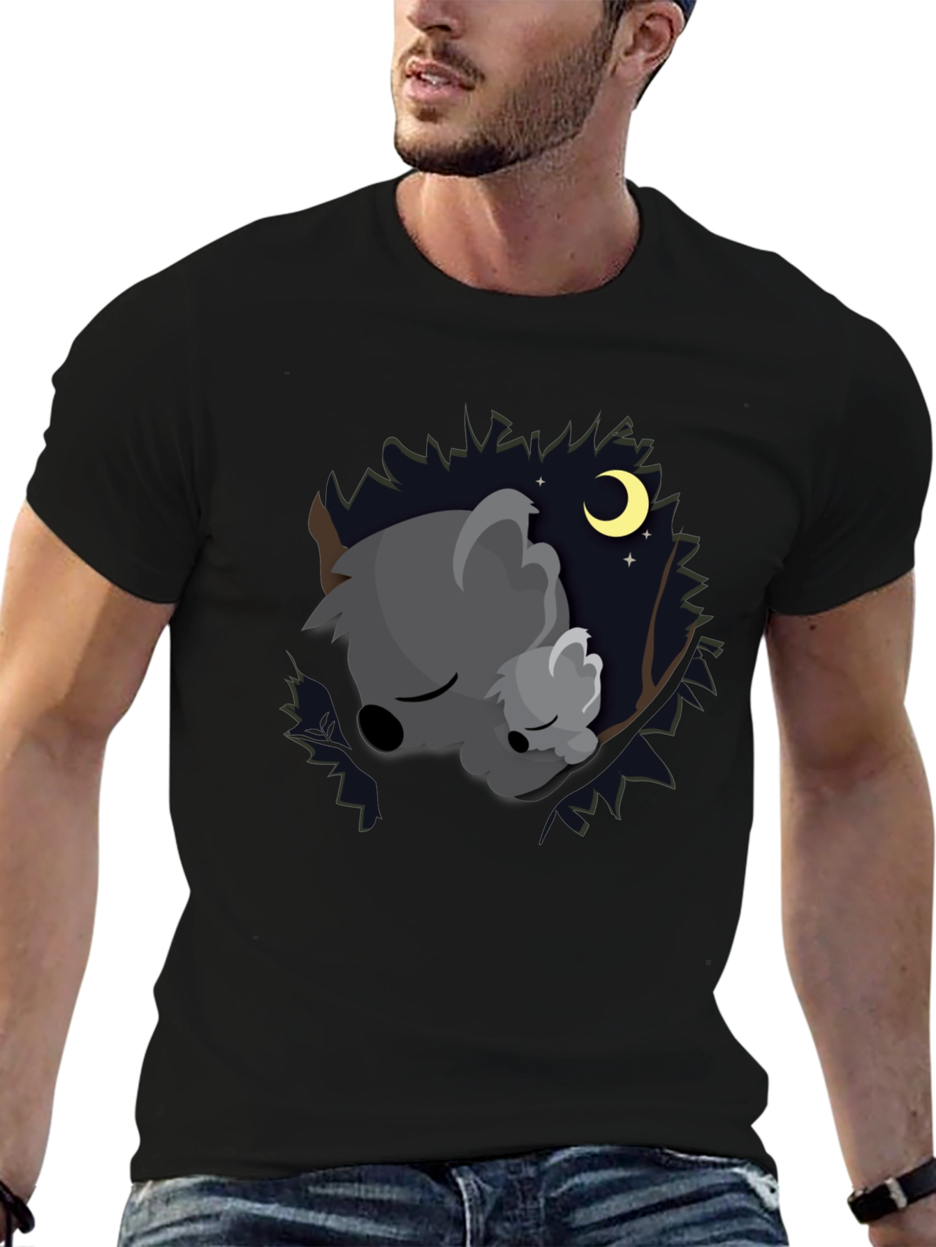 Cute Koala Moon Black T-Shirt
