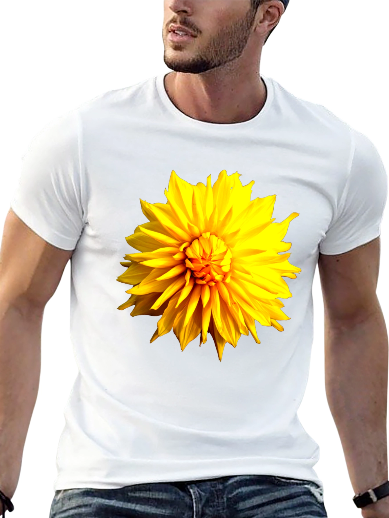 Black T-Shirt with Bright Yellow Flower Graphic