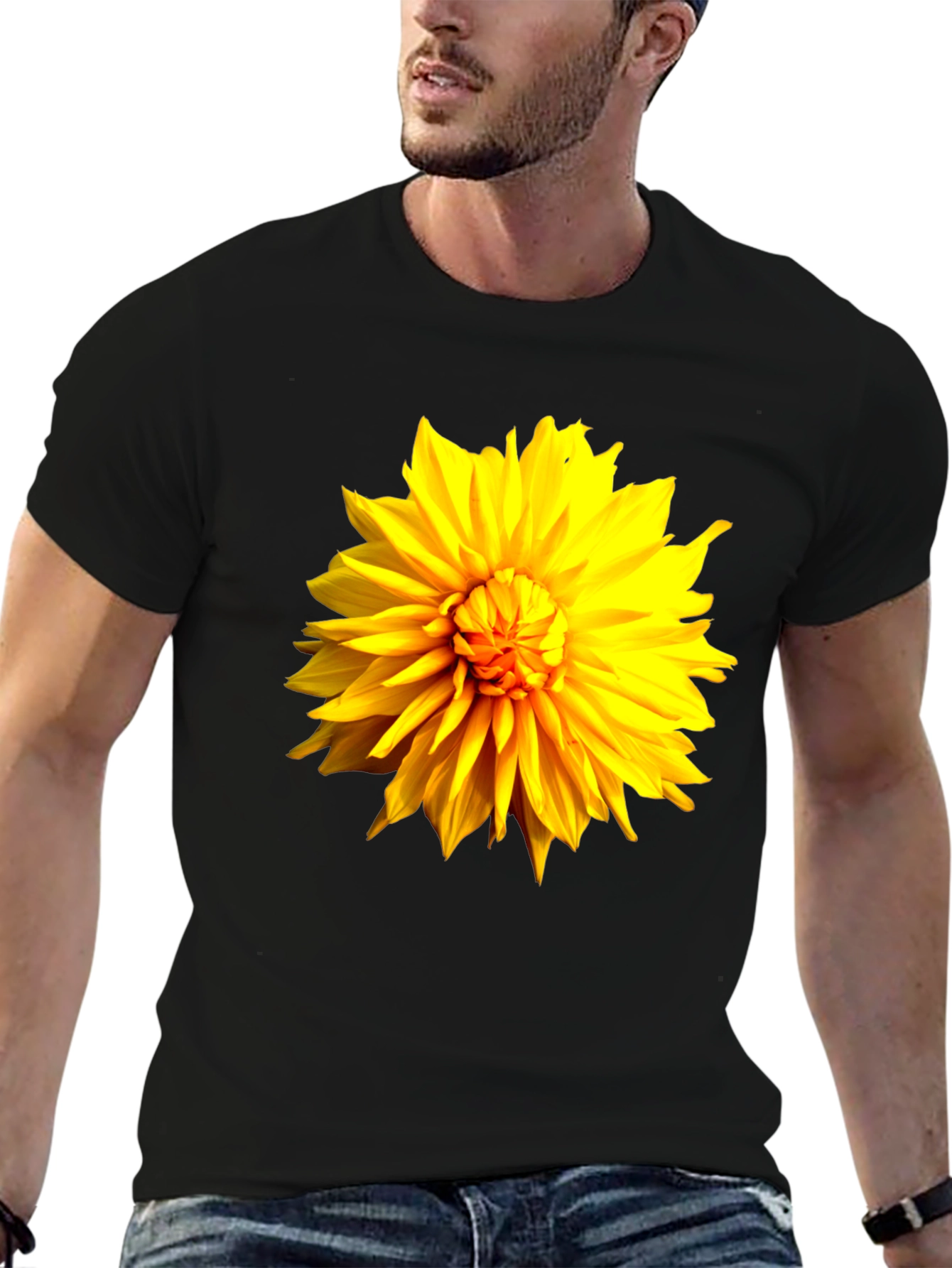 Black T-Shirt with Bright Yellow Flower Graphic