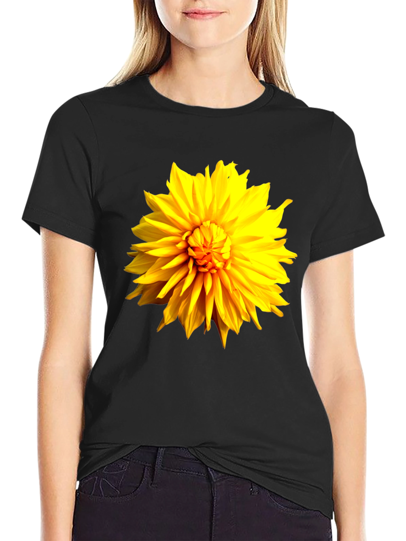 Black T-Shirt with Bright Yellow Flower Graphic