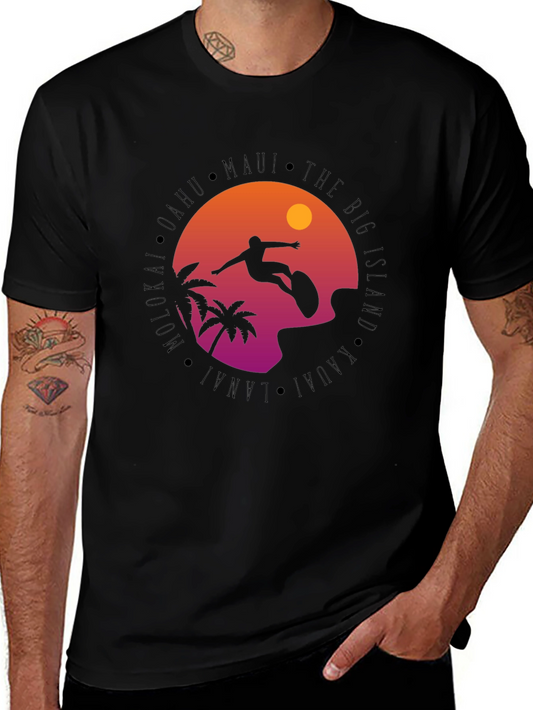 Hawaii Islands Surfing Silhouette Black T-Shirt