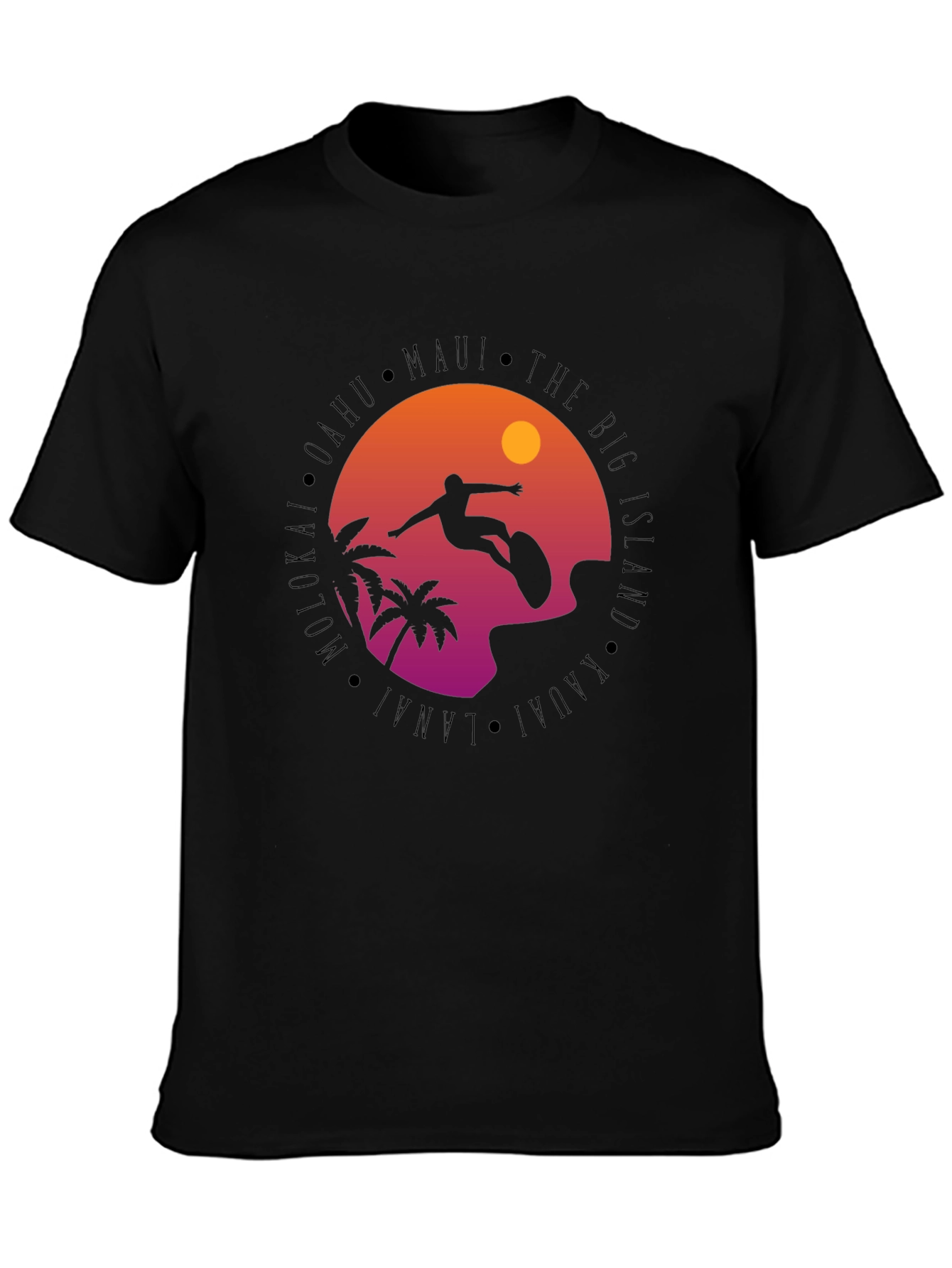 Hawaii Islands Surfing Silhouette Black T-Shirt