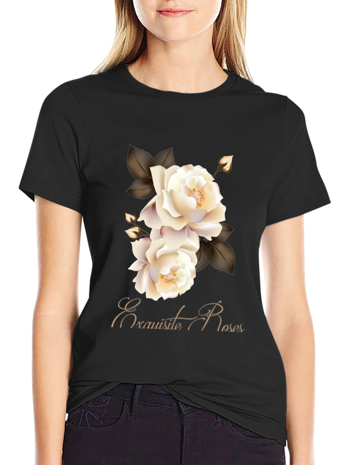 Exquisite Roses Graphic Black T-Shirt