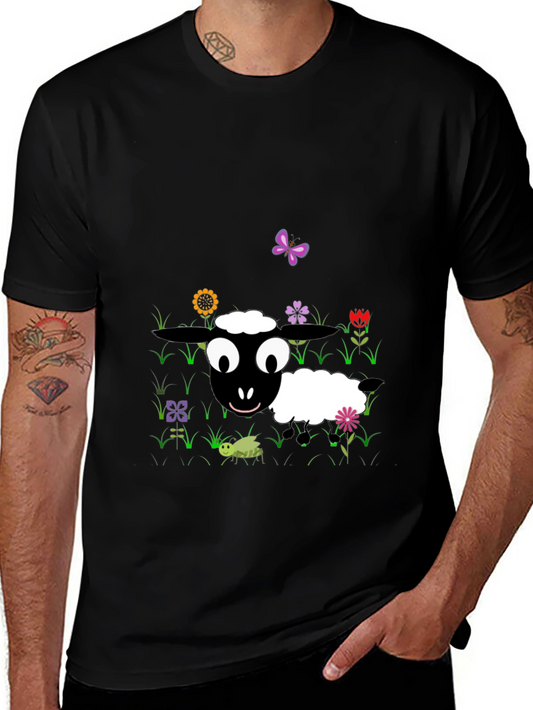 Cartoon Sheep Graphic Tee - Black