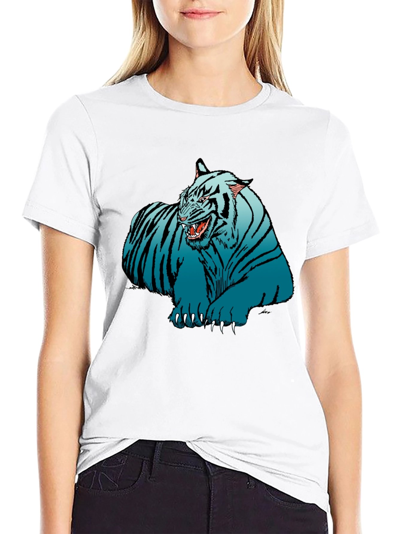 Blue Tiger Graphic Print Black T-Shirt