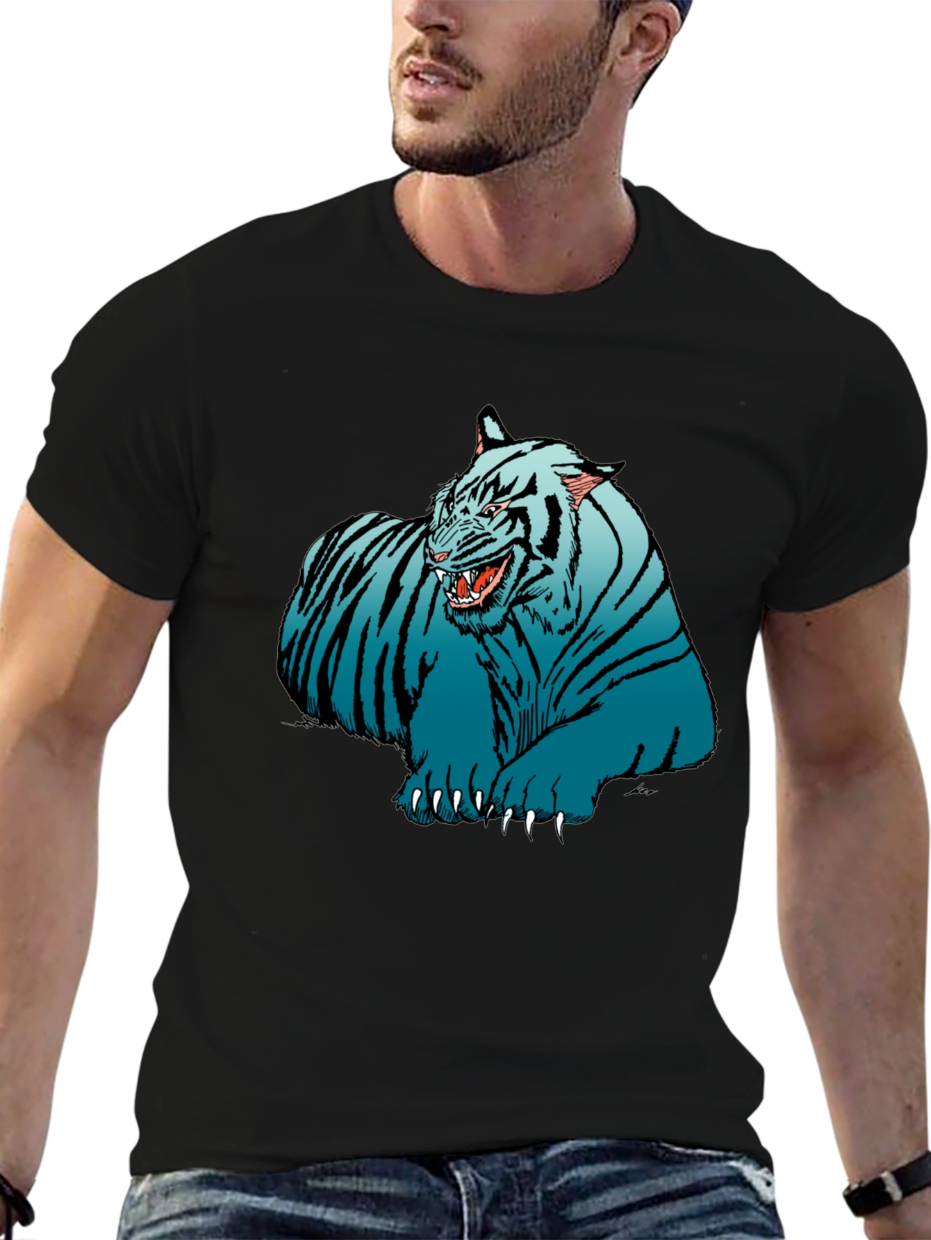 Blue Tiger Graphic Print Black T-Shirt