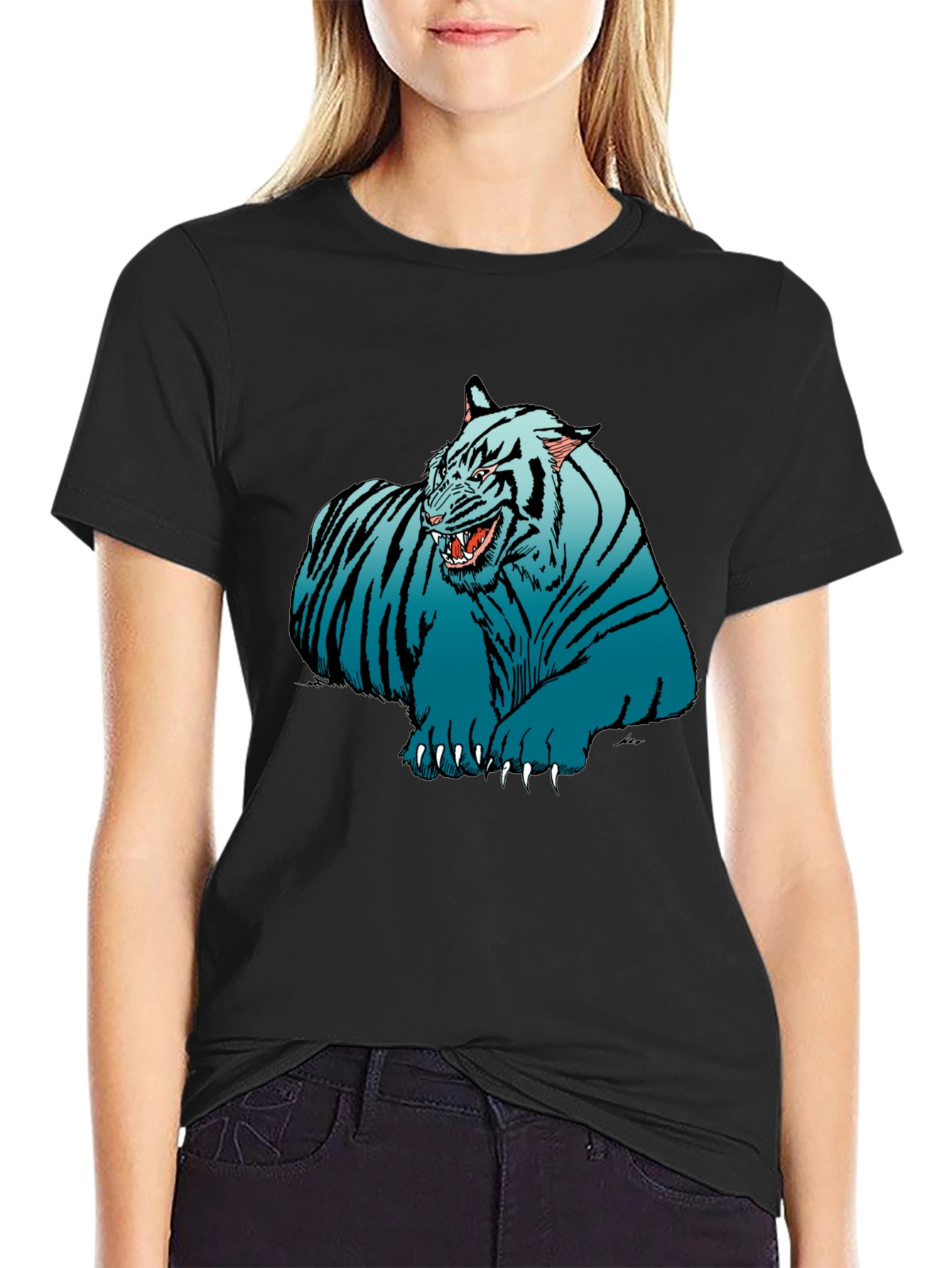 Blue Tiger Graphic Print Black T-Shirt