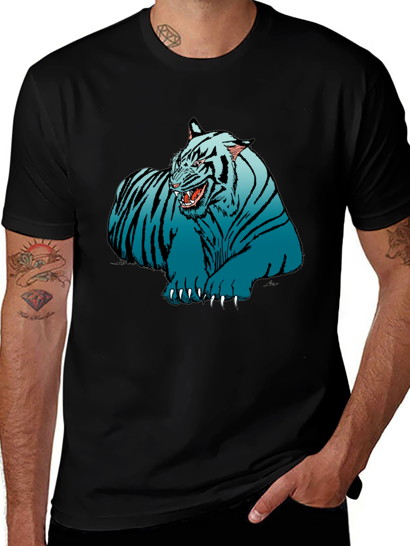 Blue Tiger Graphic Print Black T-Shirt