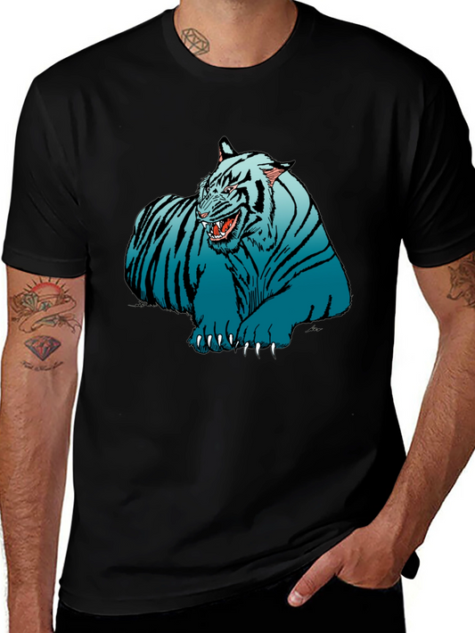 Blue Tiger Graphic Print Black T-Shirt