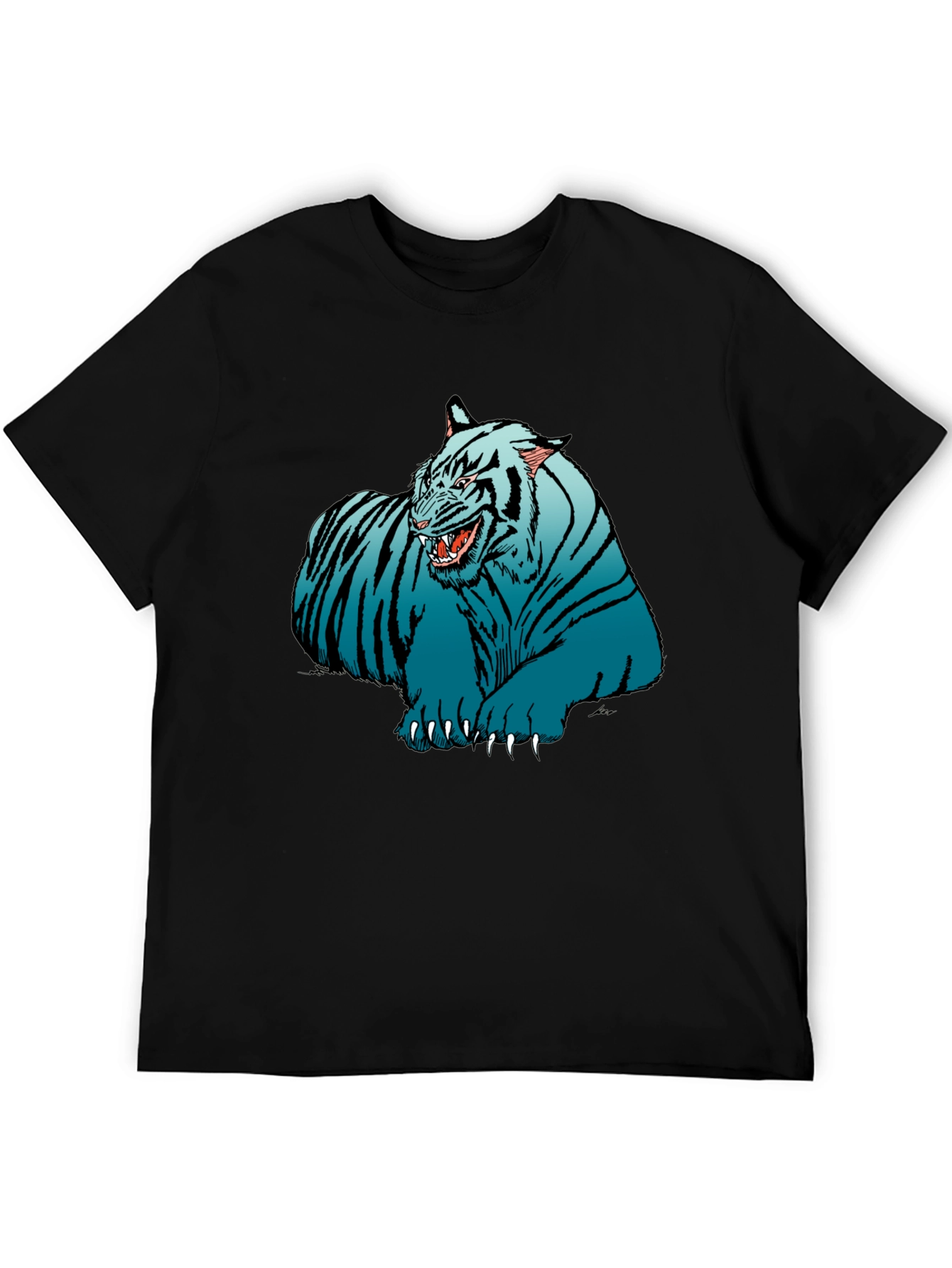 Blue Tiger Graphic Print Black T-Shirt