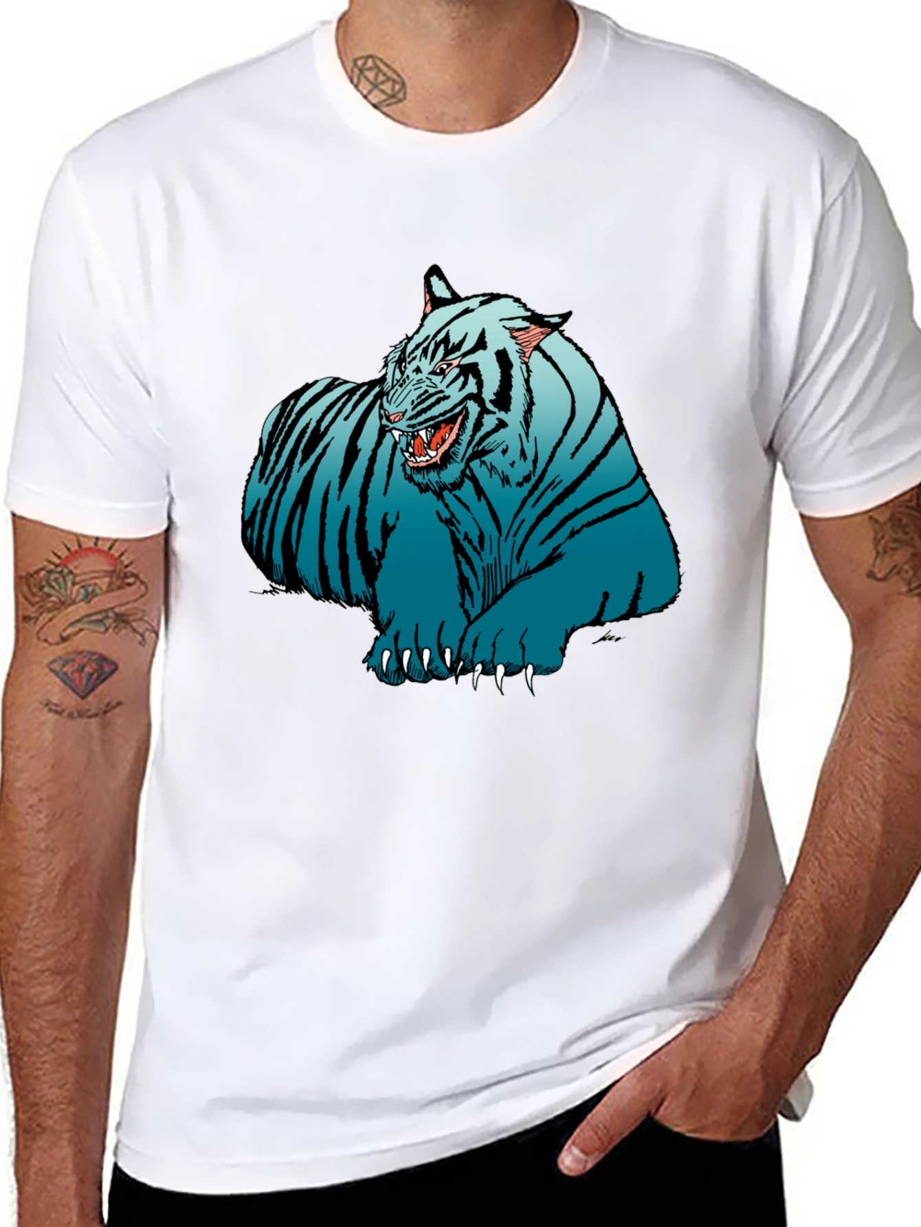 Blue Tiger Graphic Print Black T-Shirt