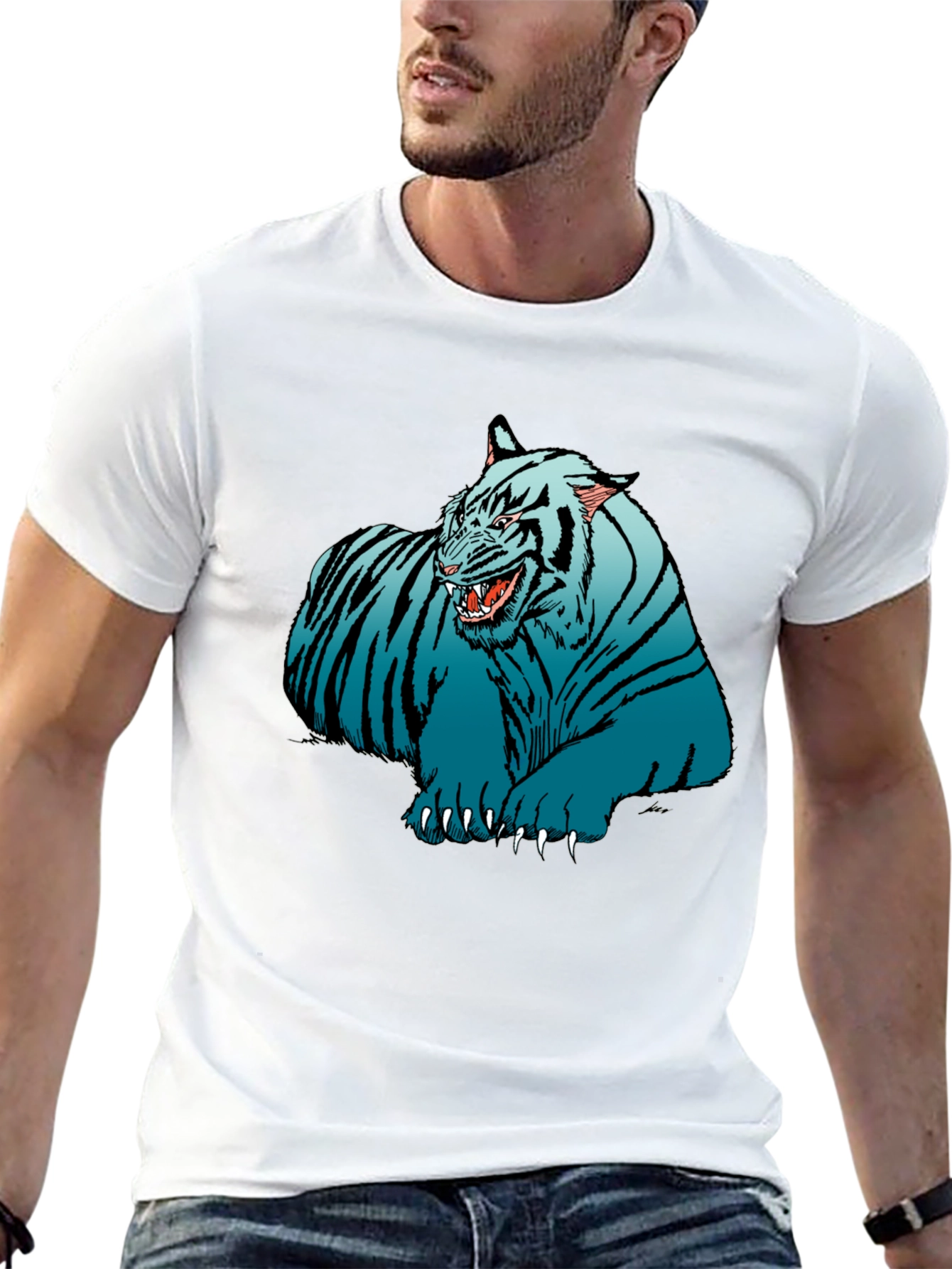 Blue Tiger Graphic Print Black T-Shirt
