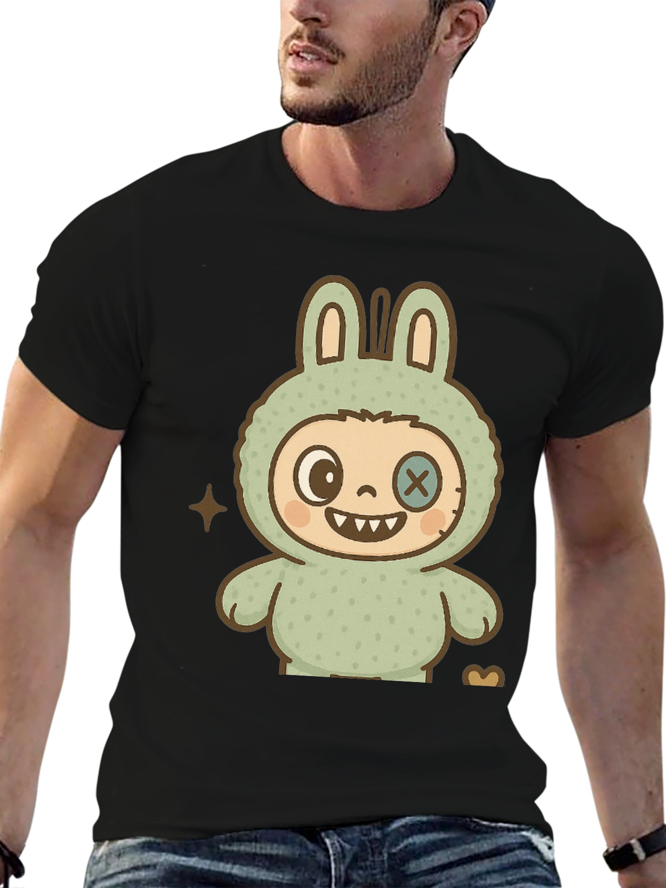 Cute Monster Bunny Graphic Tee - Black
