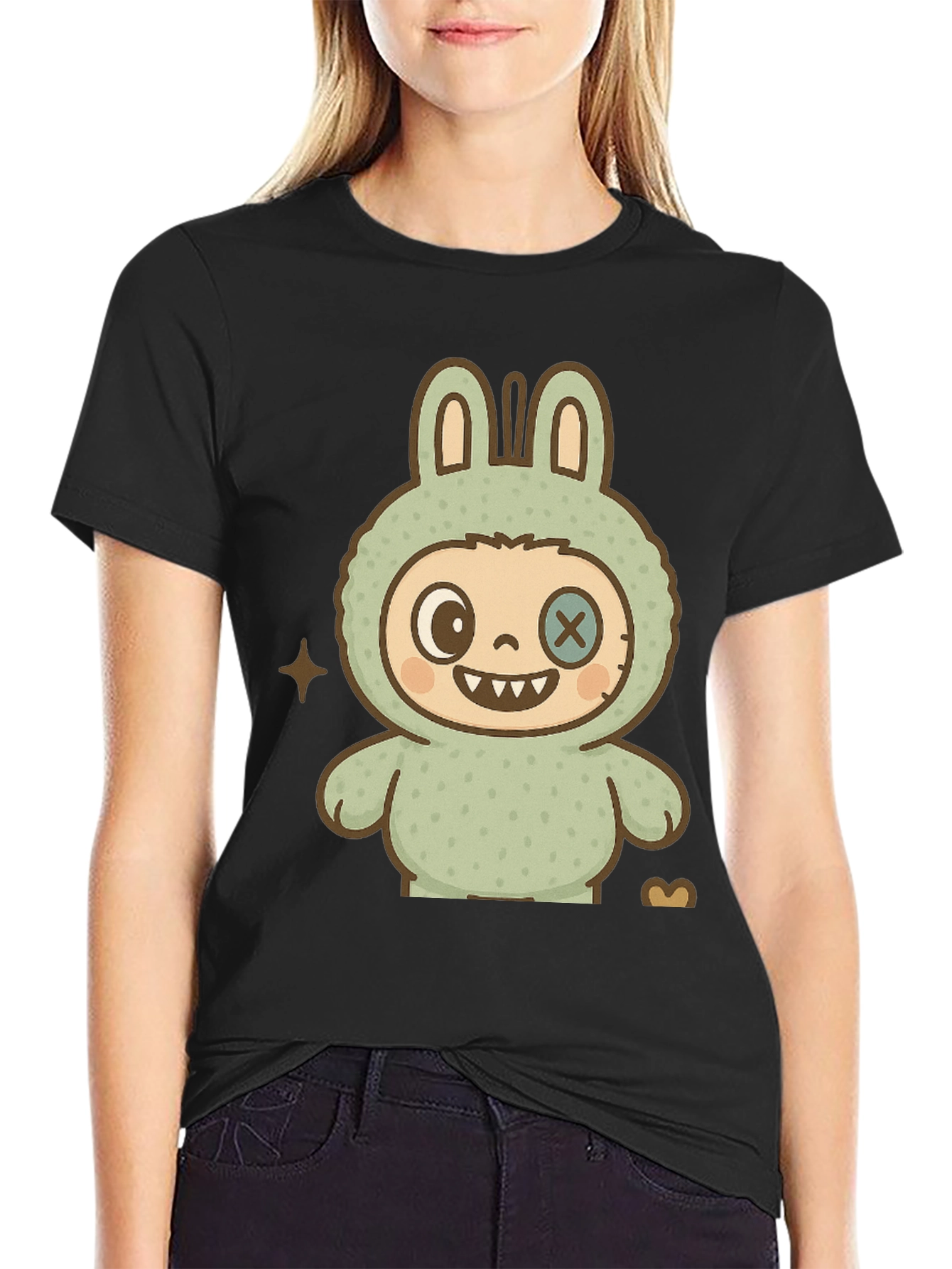 Cute Monster Bunny Graphic Tee - Black