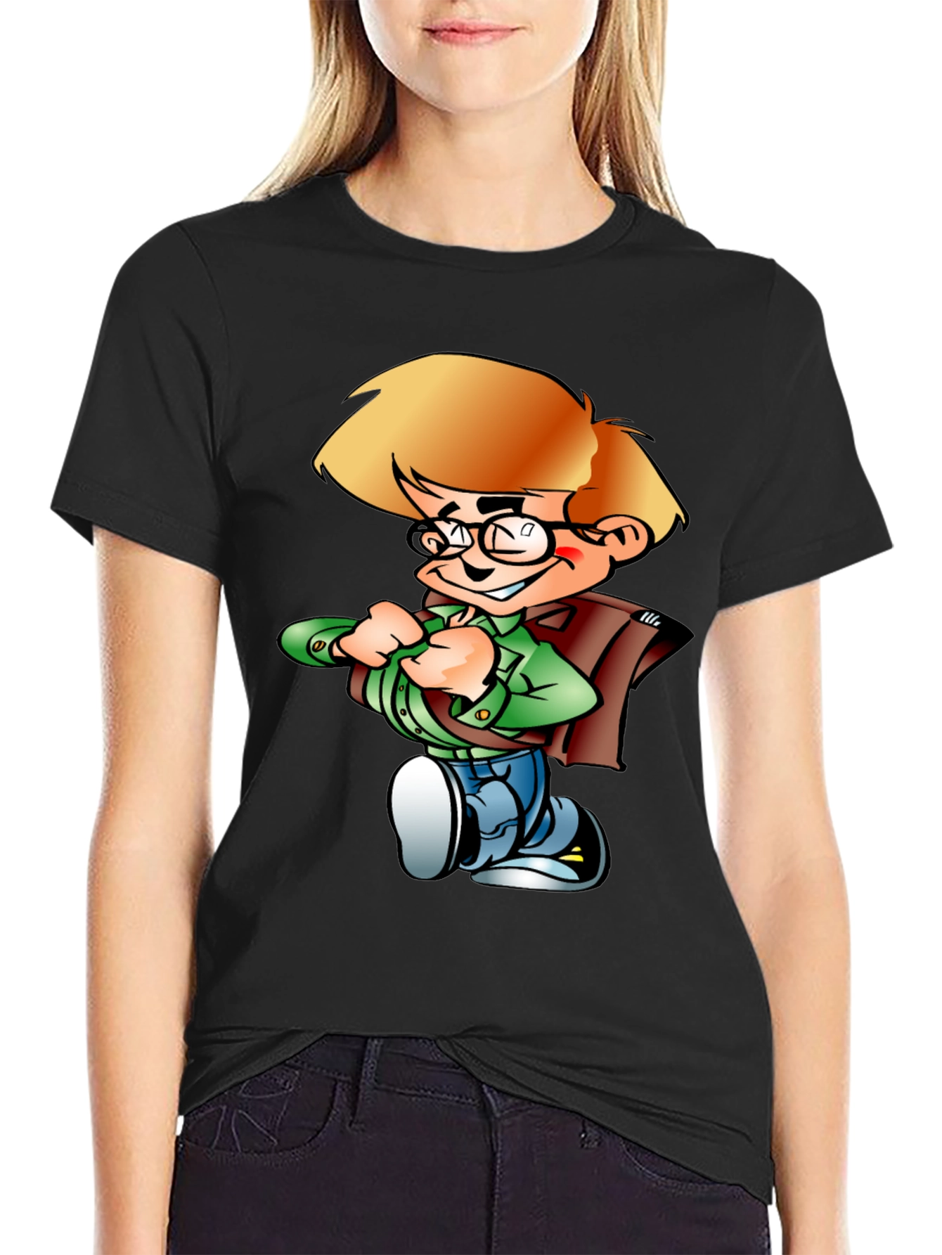Cartoon Boy Graphic Tee - Black Cotton Shirt