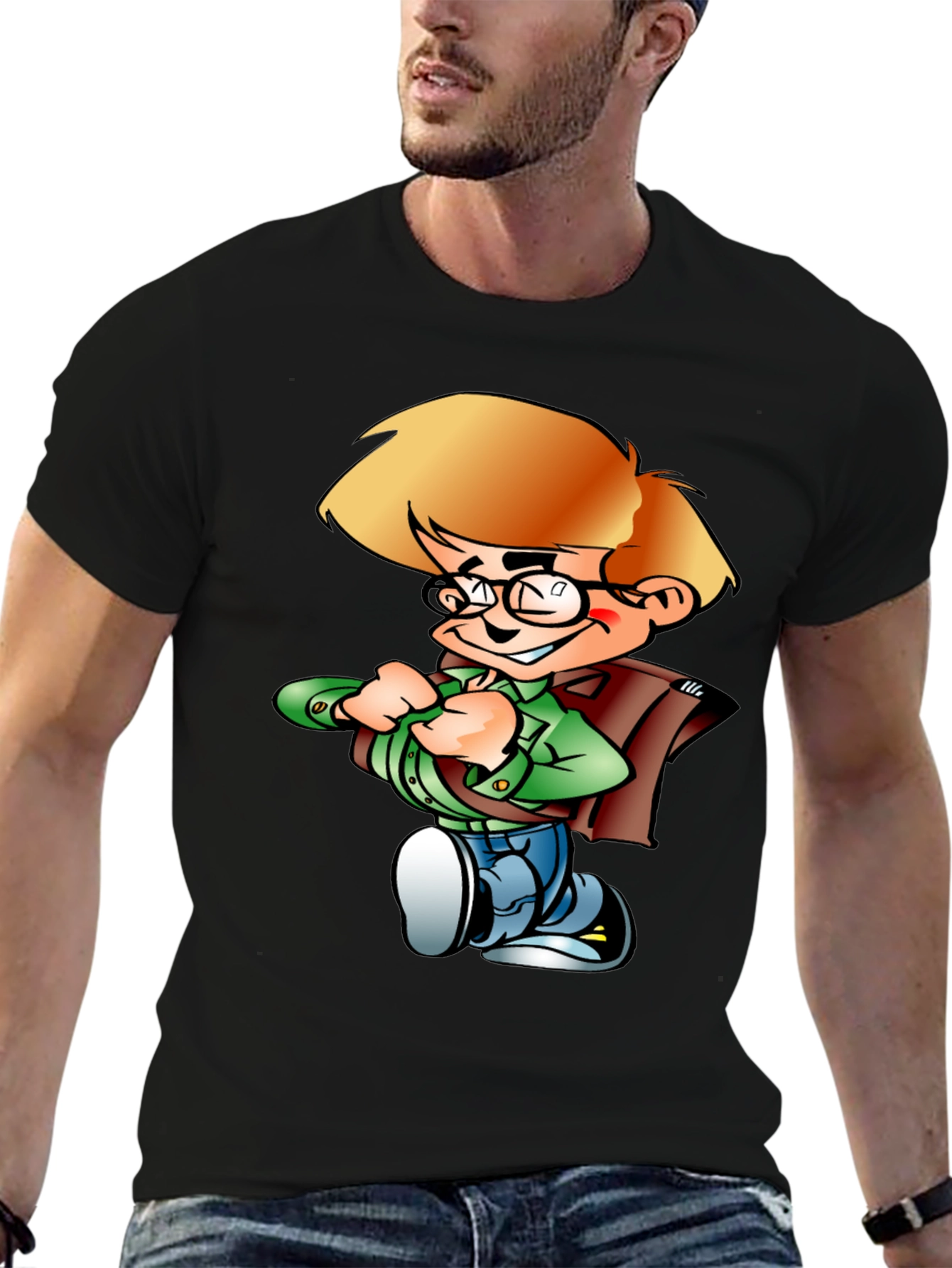 Cartoon Boy Graphic Tee - Black Cotton Shirt