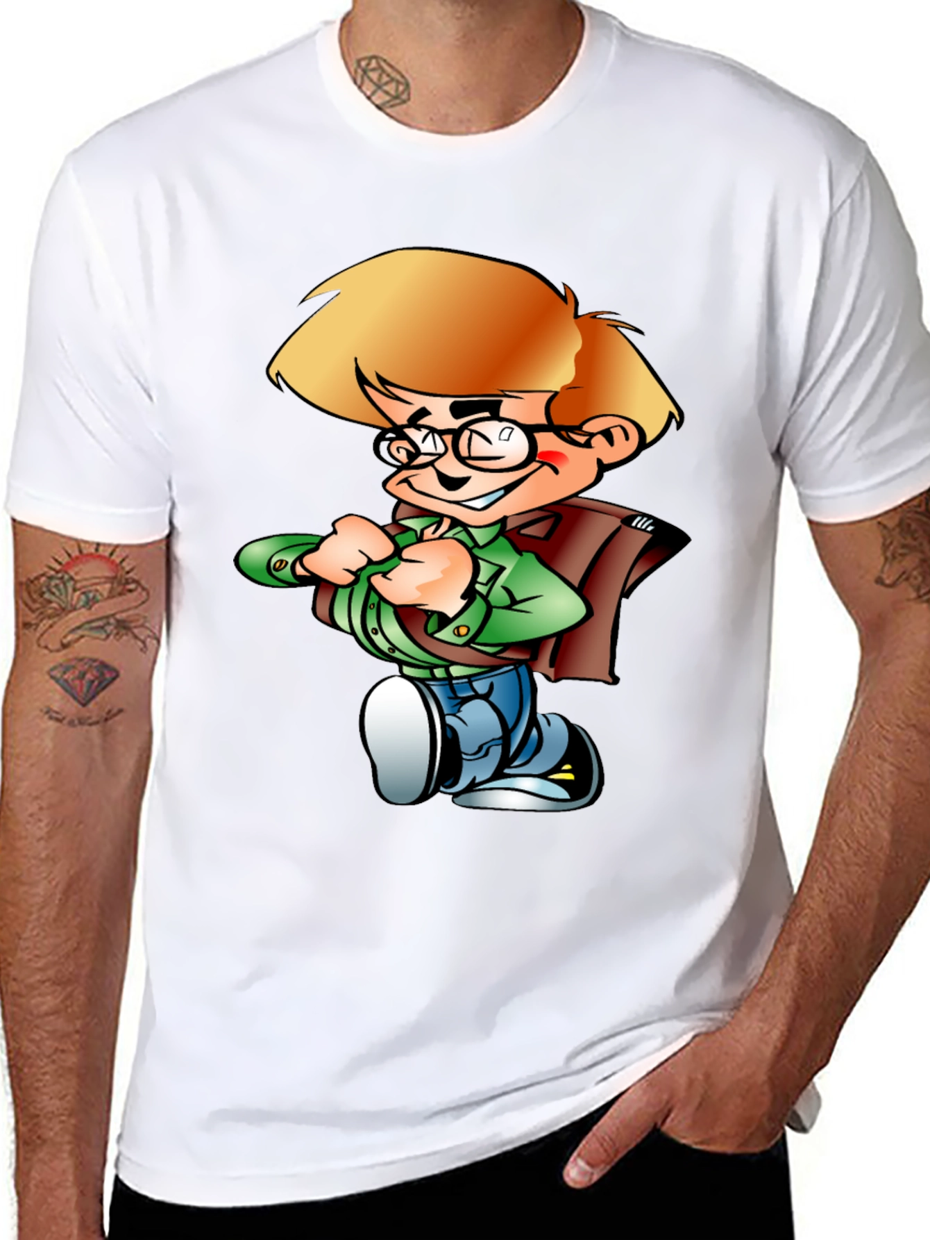 Cartoon Boy Graphic Tee - Black Cotton Shirt