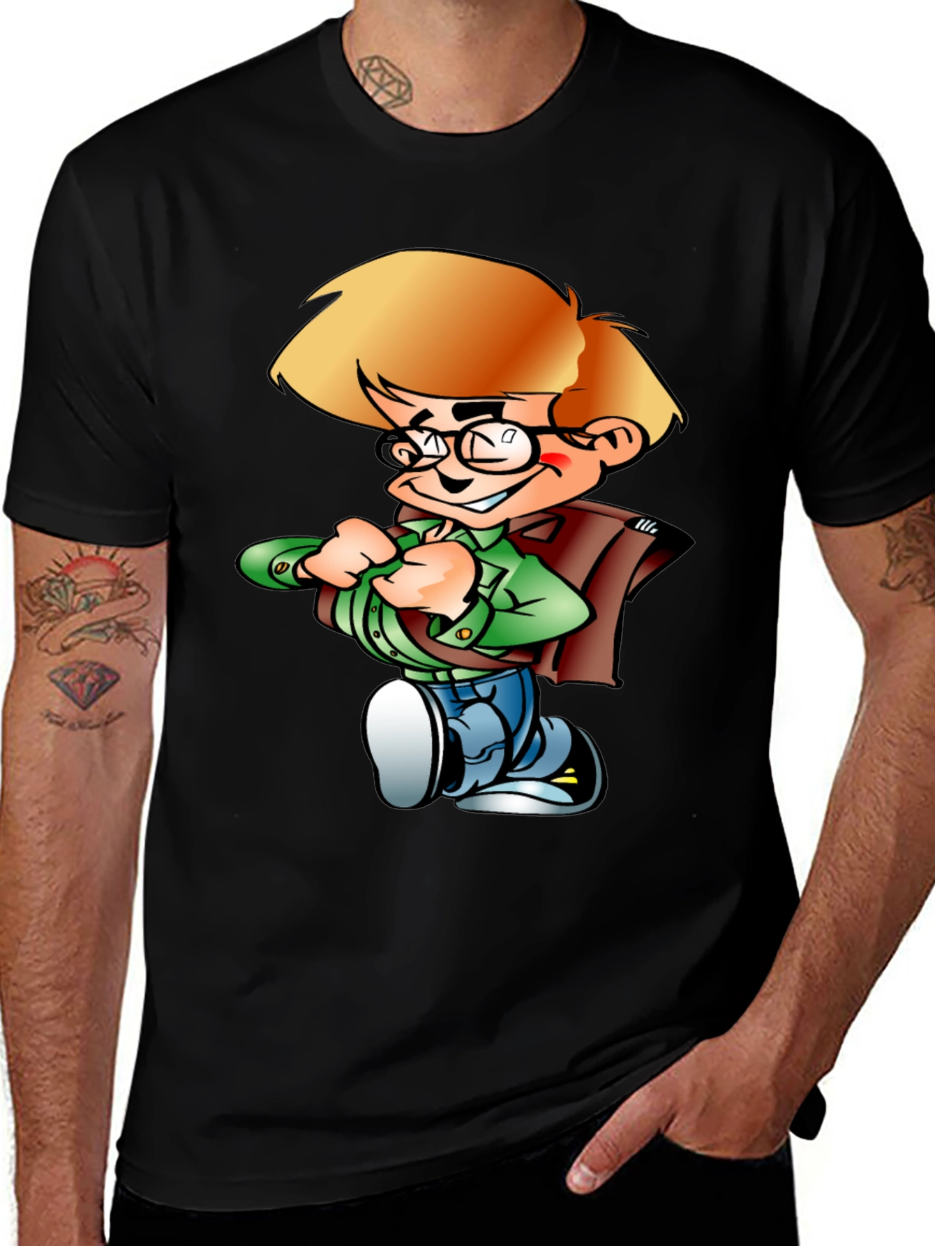 Cartoon Boy Graphic Tee - Black Cotton Shirt