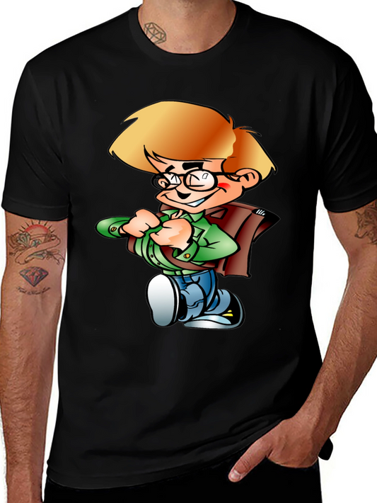 Cartoon Boy Graphic Tee - Black Cotton Shirt